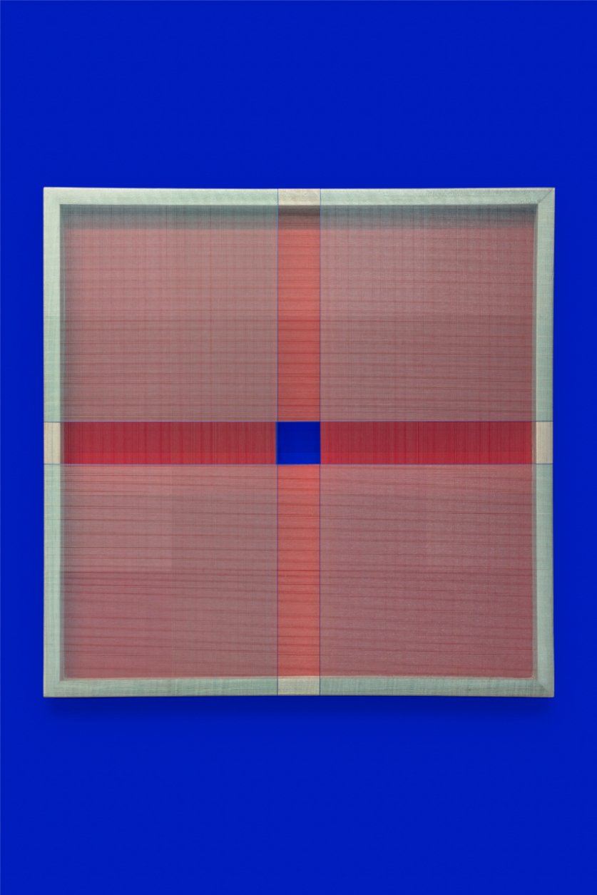 Brian Wills  Untitled (Turquoise on red with square) , 2021 - 2022 Single strand poly thread with acrylic and YKB 24 x 24 in (61 x 61 cm) Courtesy of the Artist and OCHI. 