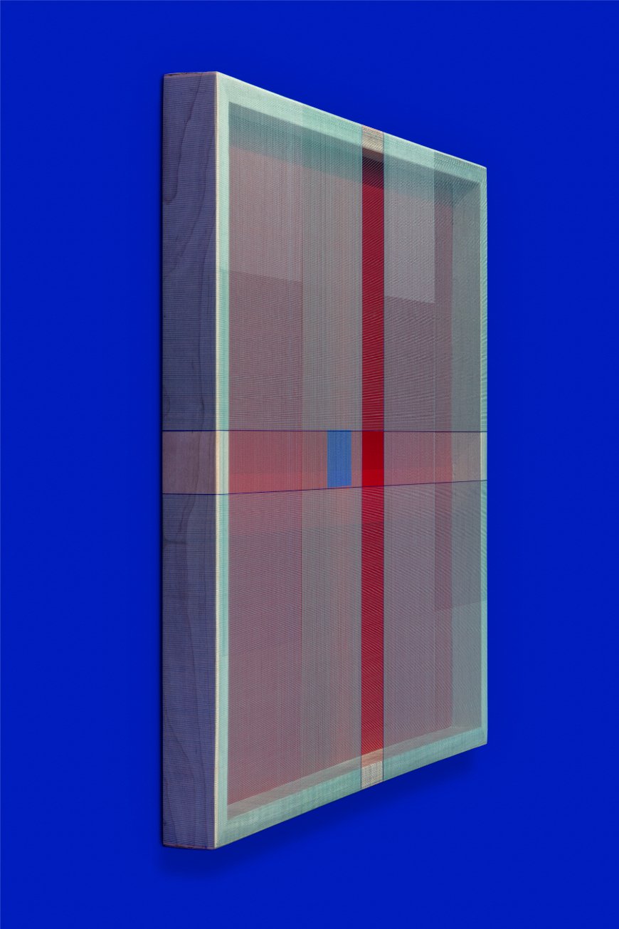  Brian Wills  Untitled (Turquoise on red with square) , 2021 - 2022 Single strand poly thread with acrylic and YKB 24 x 24 in (61 x 61 cm) Courtesy of the Artist and OCHI. 