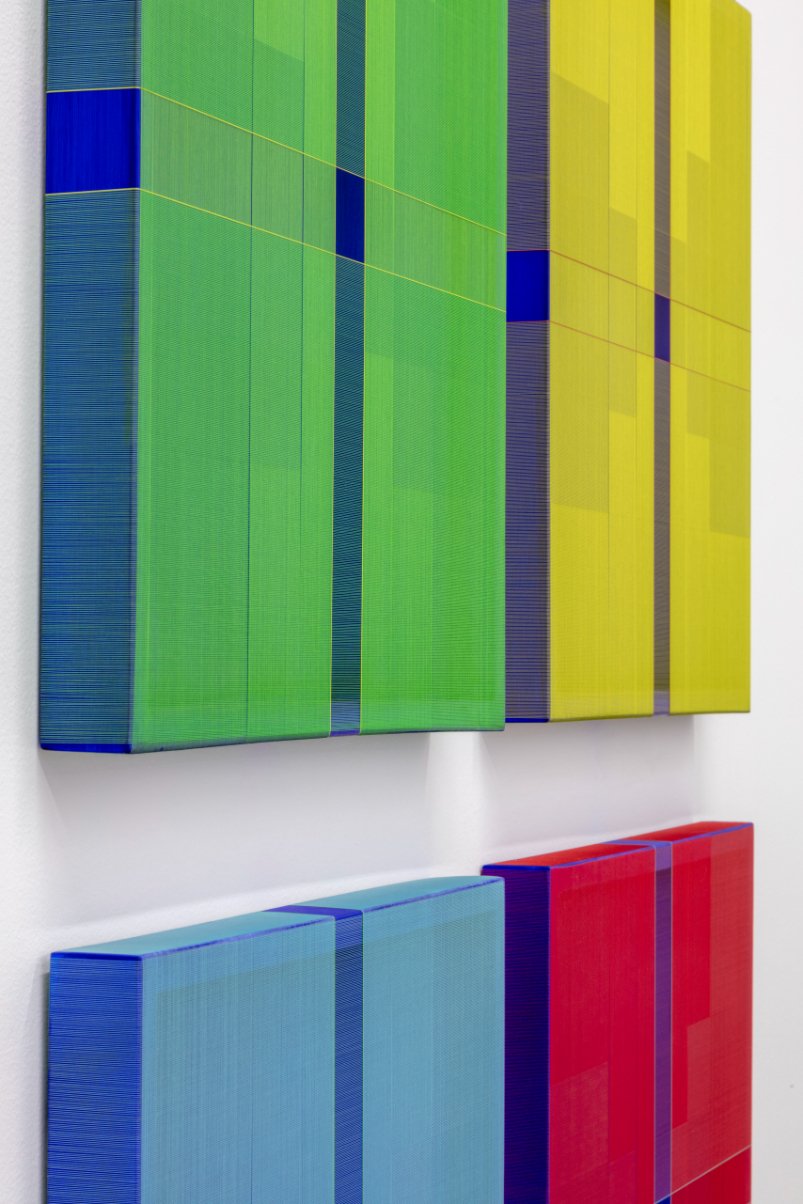  Brian Wills  Untitled (YKB Quadtych, Vertical/Horizontal) , 2021 - 2022 Oil and single strand thread on oak 24 x 24 in (61 x 61 cm) each panel Courtesy of the Artist and OCHI. 