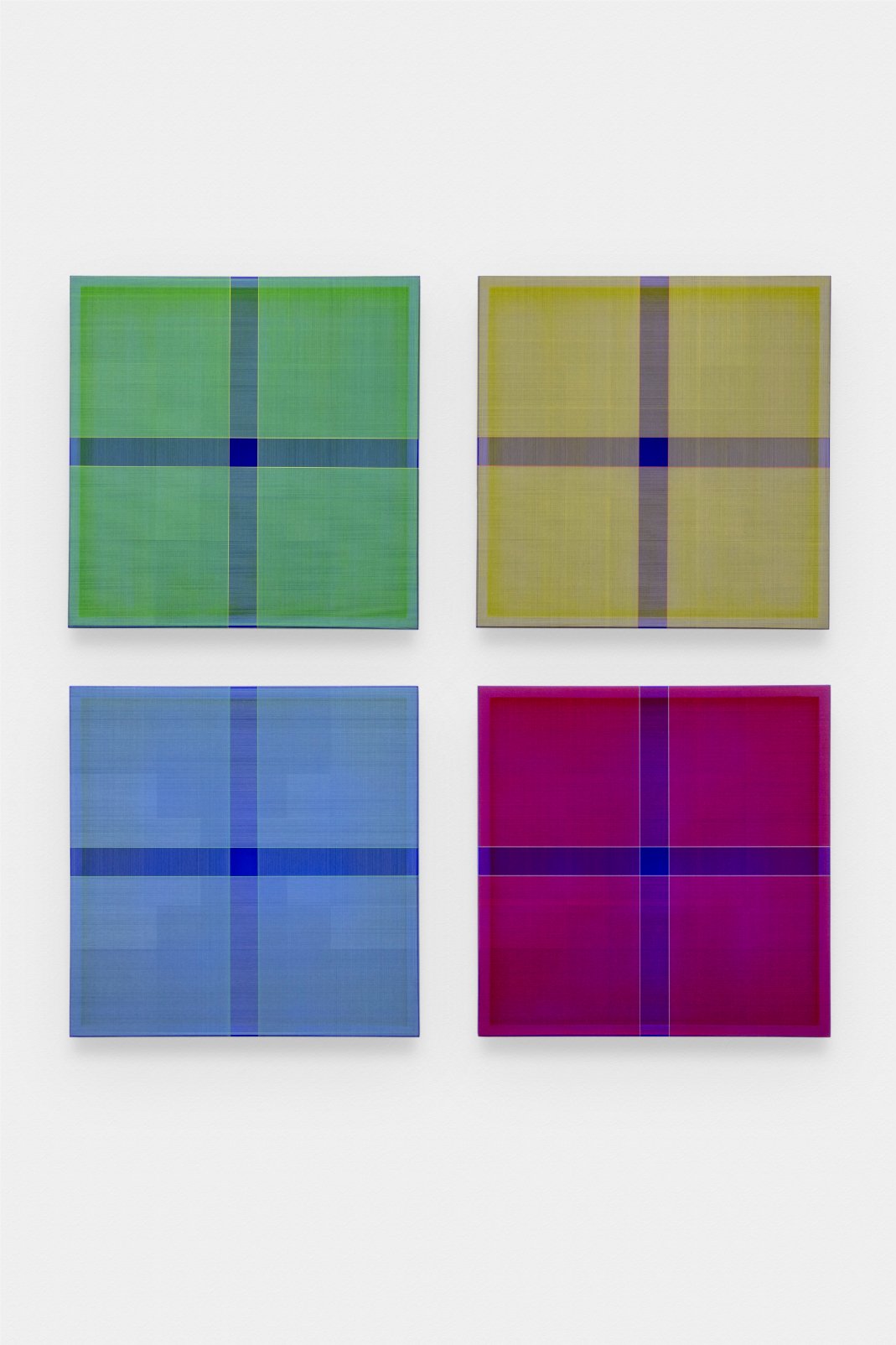  Brian Wills  Untitled (YKB Quadtych, Vertical/Horizontal) , 2021 - 2022 Oil and single strand thread on oak 24 x 24 in (61 x 61 cm) each panel Courtesy of the Artist and OCHI. 