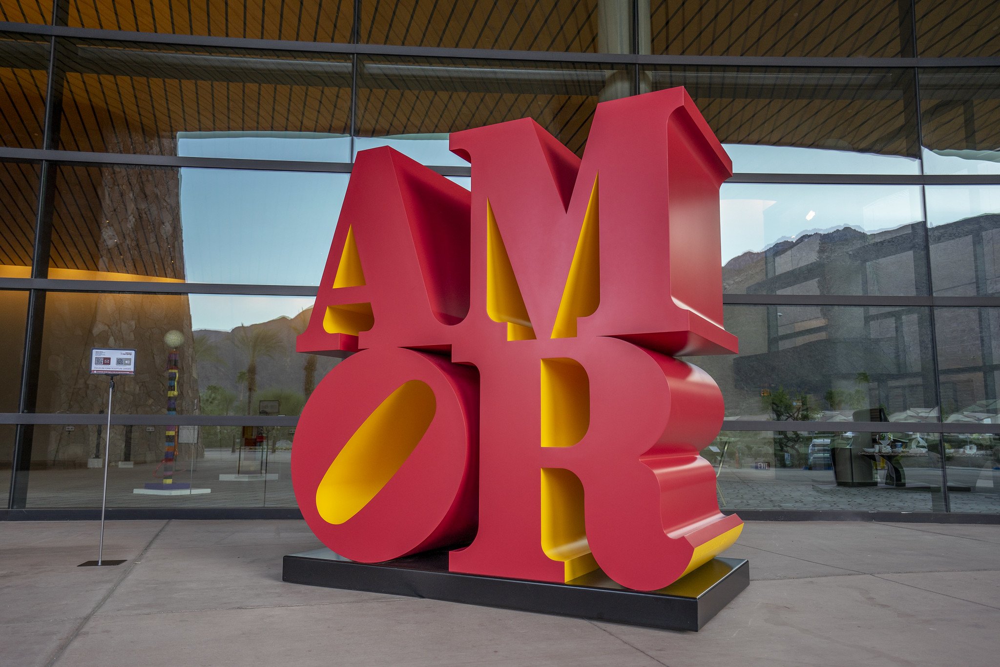  AMOR (Red Yellow) by Robert Indiana. Presented by Galerie Gmurzynska at Intersect Palm Springs 2022 Focus on Form: Sculpture Garden 