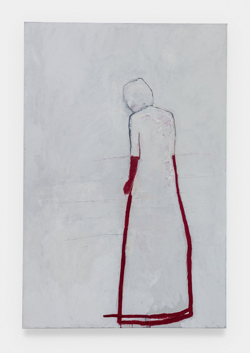  Linda Stojak  Untitled: White Dress with Red Line , 2022 Oil on canvas 72h x 48w inches courtesy the artist and Lowell Ryan Projects 