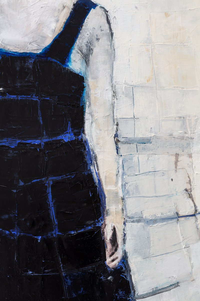  Linda Stojak  Untitled: Blue Dress with Gray Lines  (detail), 2021  Oil on canvas 72h x 48w inches courtesy the artist and Lowell Ryan Projects 