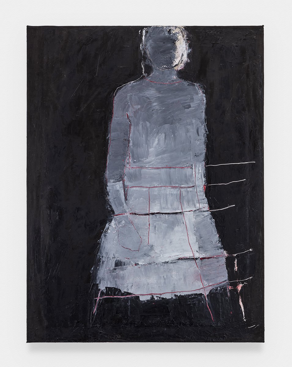  Linda Stojak  Untitled: Gray Dress with Pink Threads , 2021 Oil on canvas 32h x 24w inches courtesy the artist and Lowell Ryan Projects 