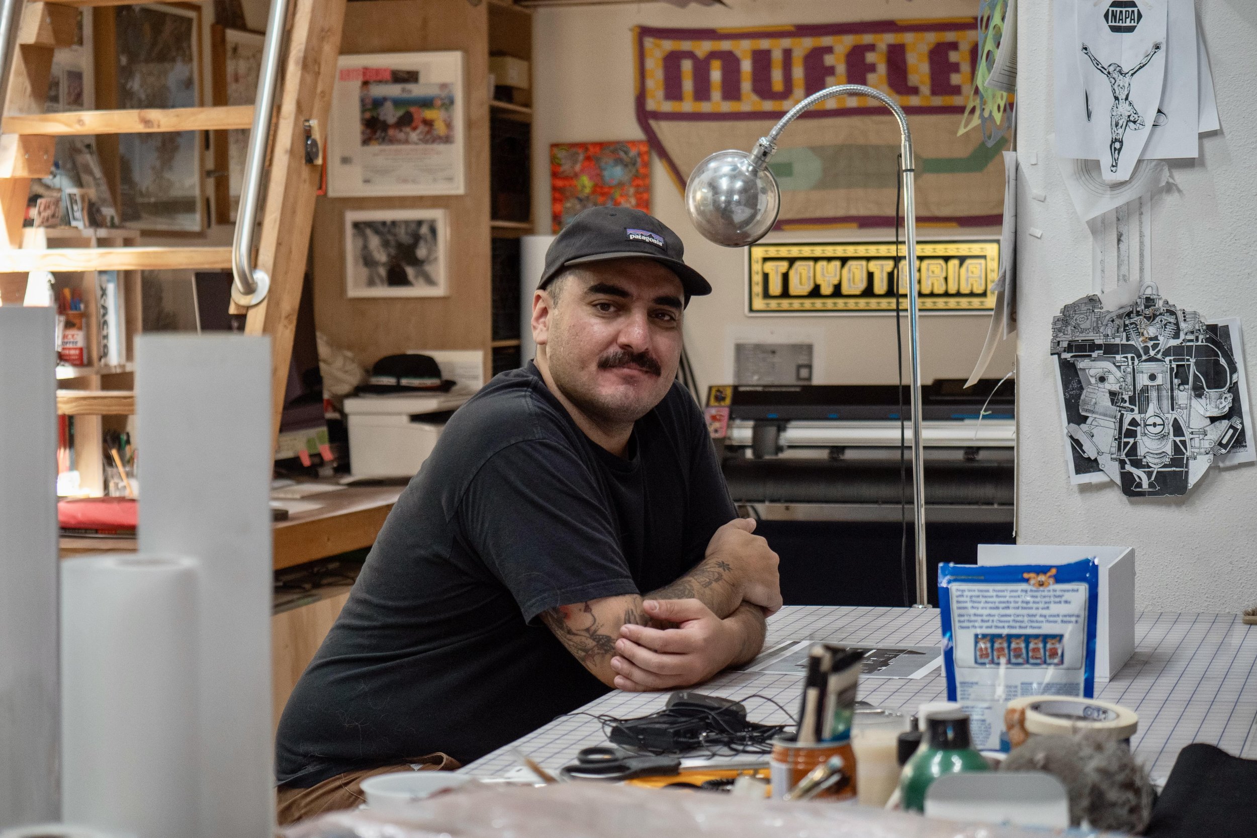 Jaime Muñoz in his LA studio. 2022. Courtesy of Sow &amp; Tailor, Los Angeles and Woaw Gallery, Hong Kong. Photography by Hannah Kirby.