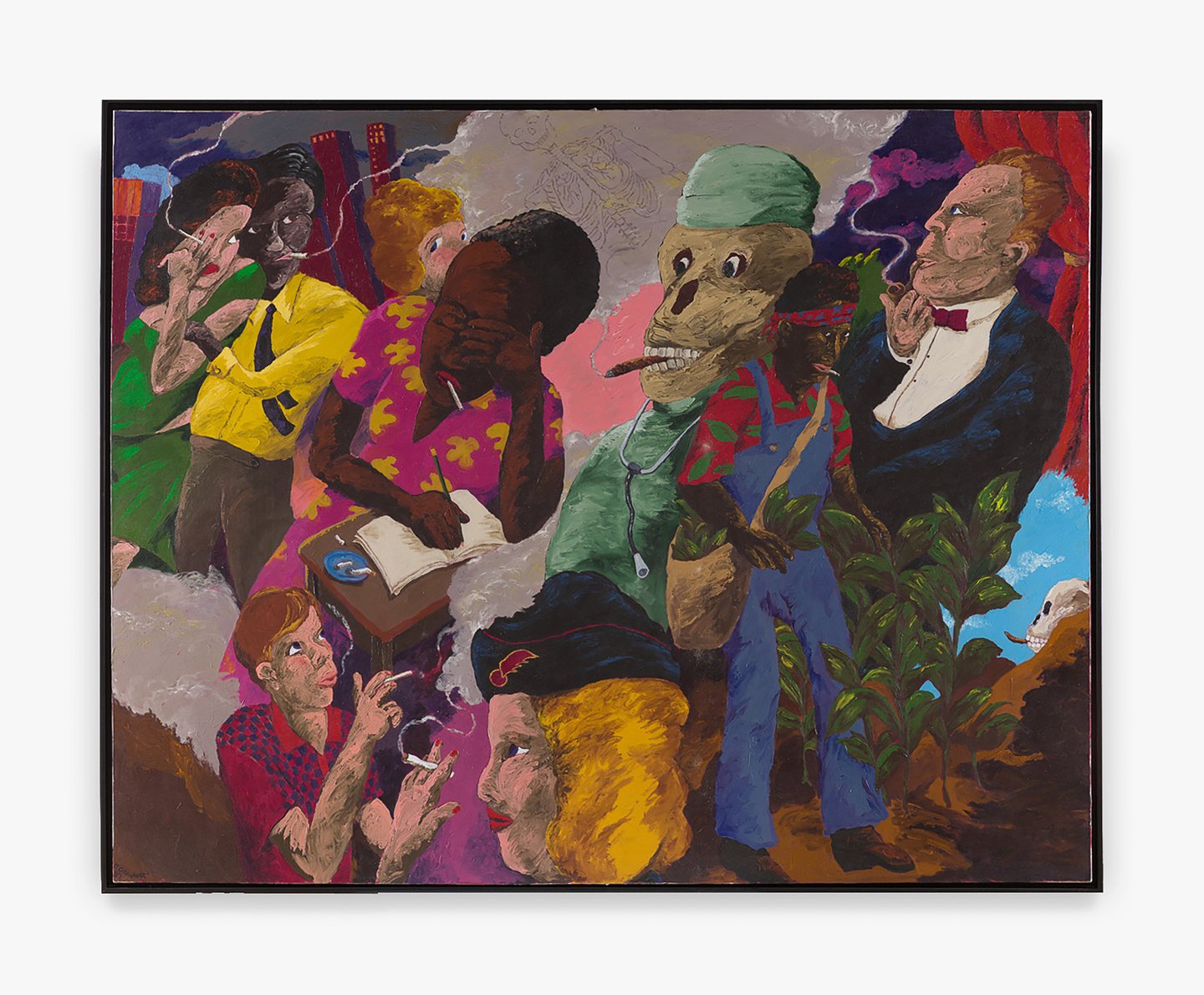  Robert Colescott,  Tobacco: The Holdouts , 1987. Acrylic on canvas; Work: 90 x 114 in (228.6 x 289.6 cm) Framed: 92 3/4 x 116 3/4 in (235.6 x 296.5 cm). © The Robert H. Colescott Separate Property Trust / Artists Rights Society (ARS), New York. Cour