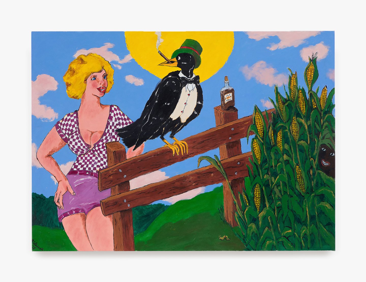  Robert Colescott,  Old Crow on the Fence , 1978. Acrylic on canvas; 48 x 66 in (121.92 x 167.64 cm). Private Collection. © The Robert H. Colescott Separate Property Trust / Artists Rights Society (ARS), New York. Courtesy Venus Over Manhattan, New Y