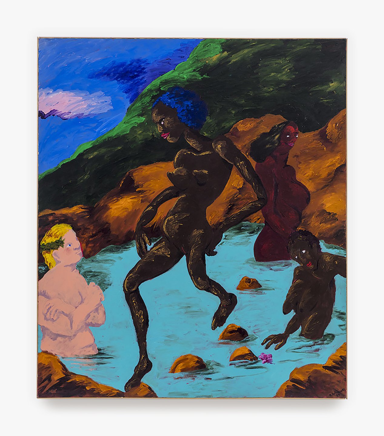  Robert Colescott,  Laureate at the Bather’s Pool , 1984. Acrylic on canvas; 84 x 72 in (213.4 x 182.9 cm). Private Collection. © The Robert H. Colescott Separate Property Trust / Artists Rights Society (ARS), New York. Courtesy Venus Over Manhattan,