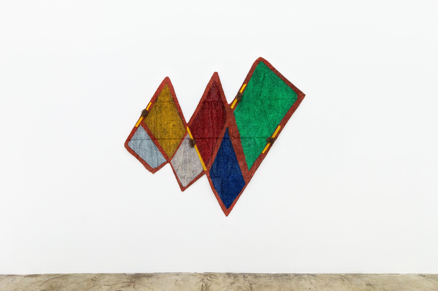  Teresa Baker  Found in Layers , 2022 yarn, spray paint and buffalo hide on artificial turf 64 x 72.5 in. 162.5 x 184 cm Courtesy the Artist &amp; de boer, Los Angeles Photograph: Jacob Phillip 