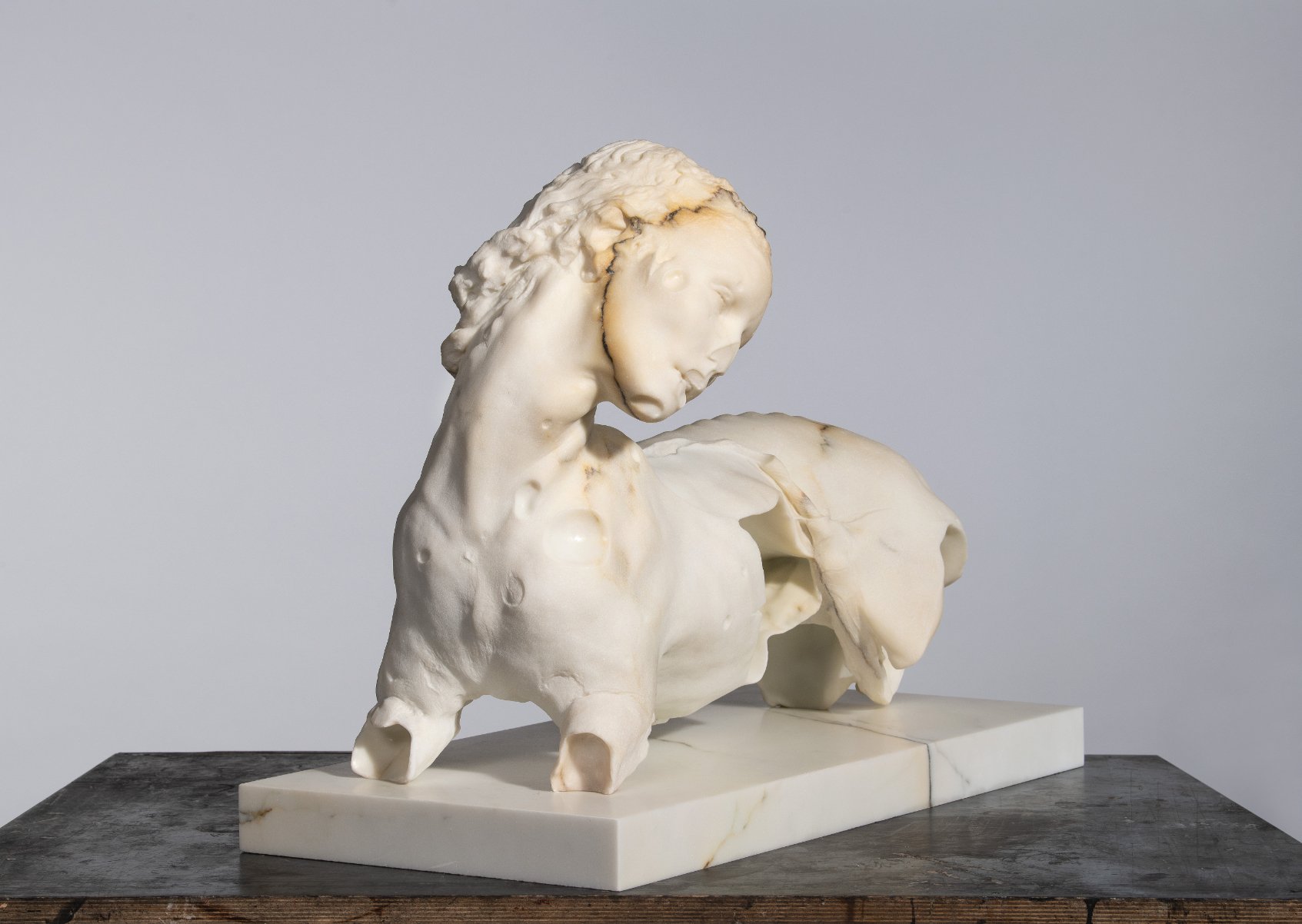  Nicola Samorì  Reluctant Idol , 2022  Paonazzo Marble 71h x 34.50w x 53d cm / 27.95h x 13.58w x 20.87d in  Courtesy of the Artist and Eigen+Art Gallery Photography credit: Rolando Paolo Guerzoni 