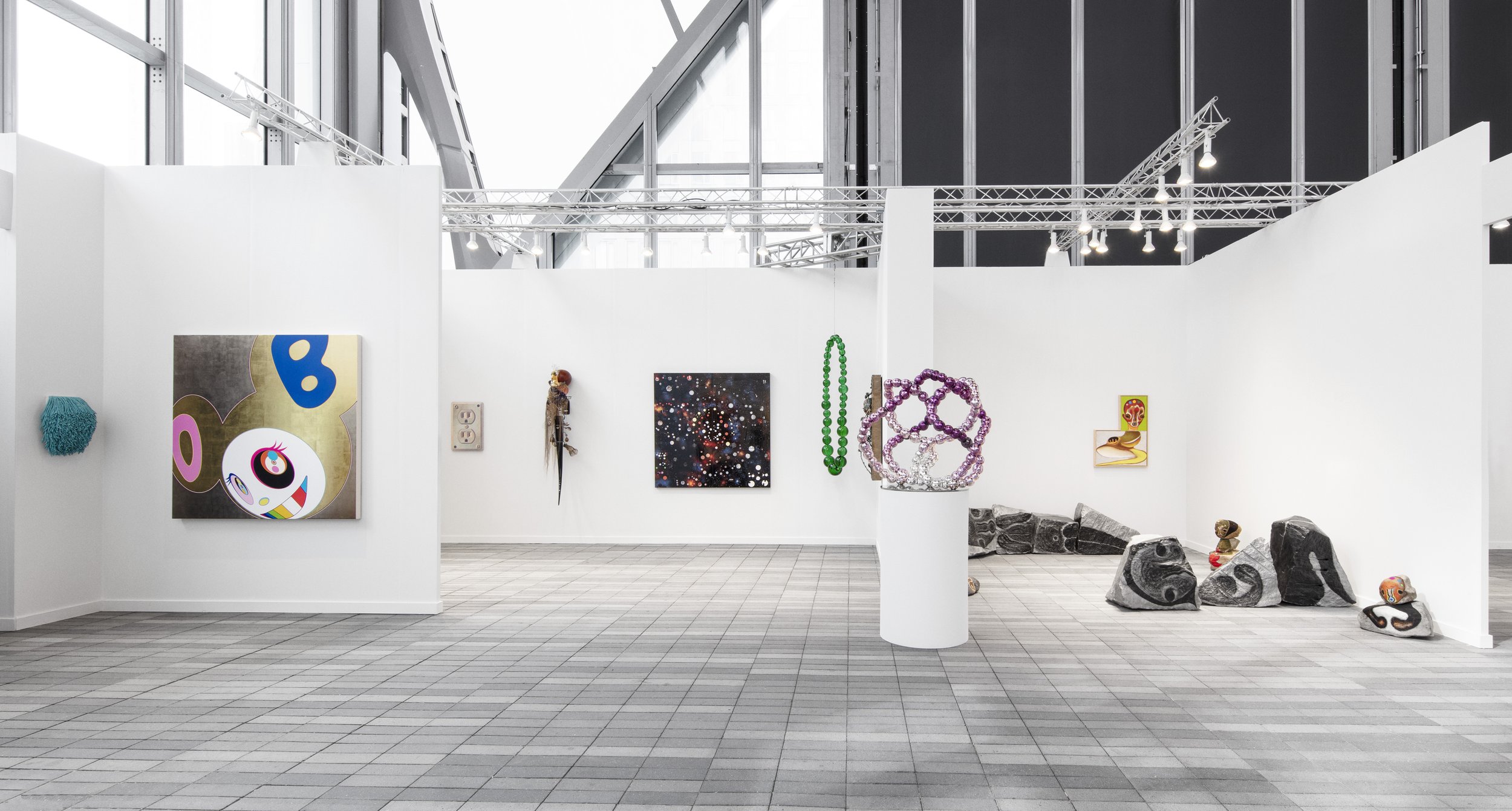  Installation view of Perrotin’s Booth B4 at Frieze NY, 2023. Photos- Guillaume Ziccarelli. Courtesy of the artists and Perrotin. ©Izumi Kato. ©Takashi Murakami/Kaikai Kiki Co., Ltd. All Rights Reserved.  