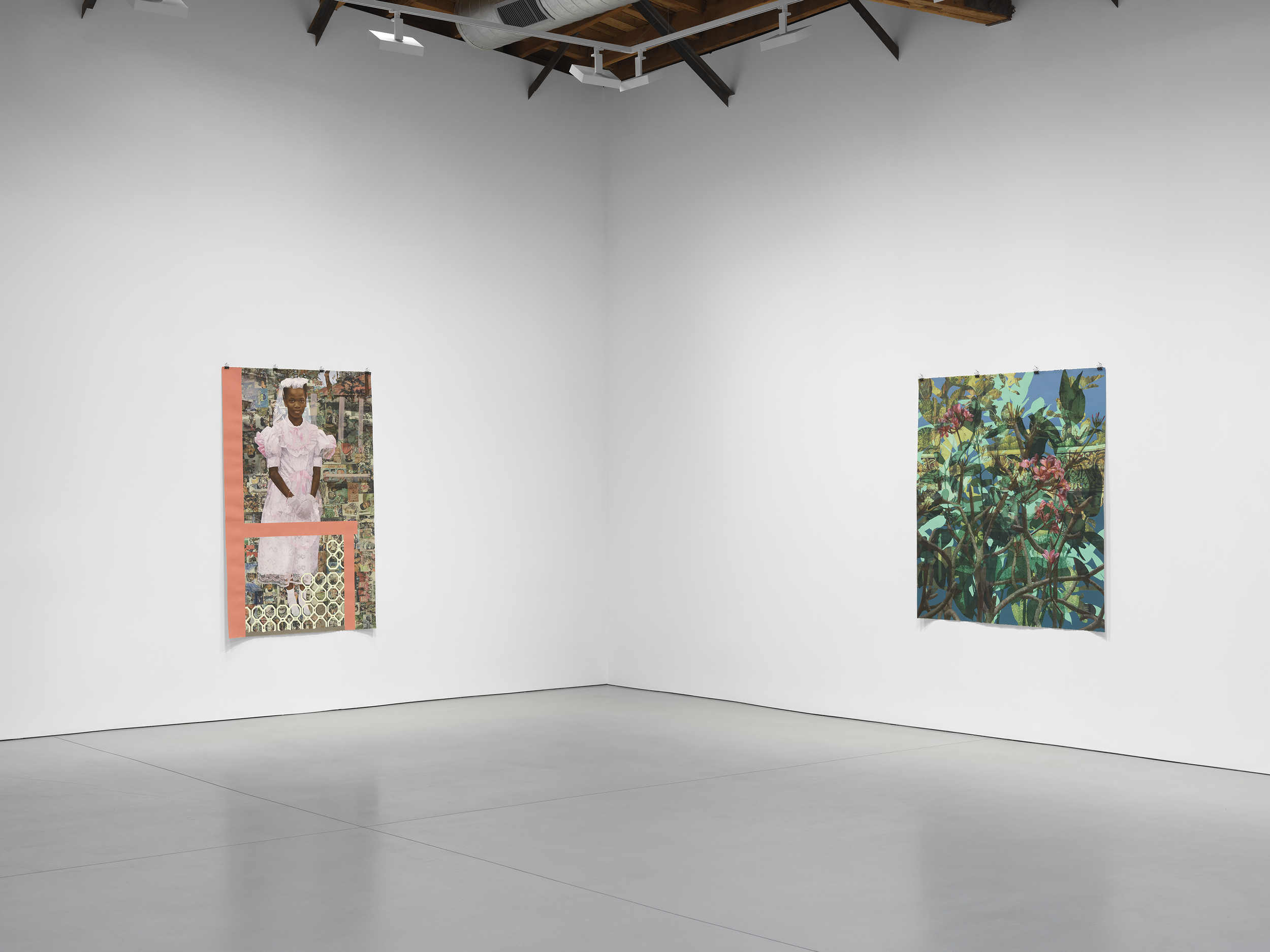 Installation view,  Njideka Akunyili Crosby: Coming Back to See Through, Again , David Zwirner, Los Angeles, May 23—July 29, 2023. Photo by Elon Schoenholz. Courtesy of David Zwirner. 