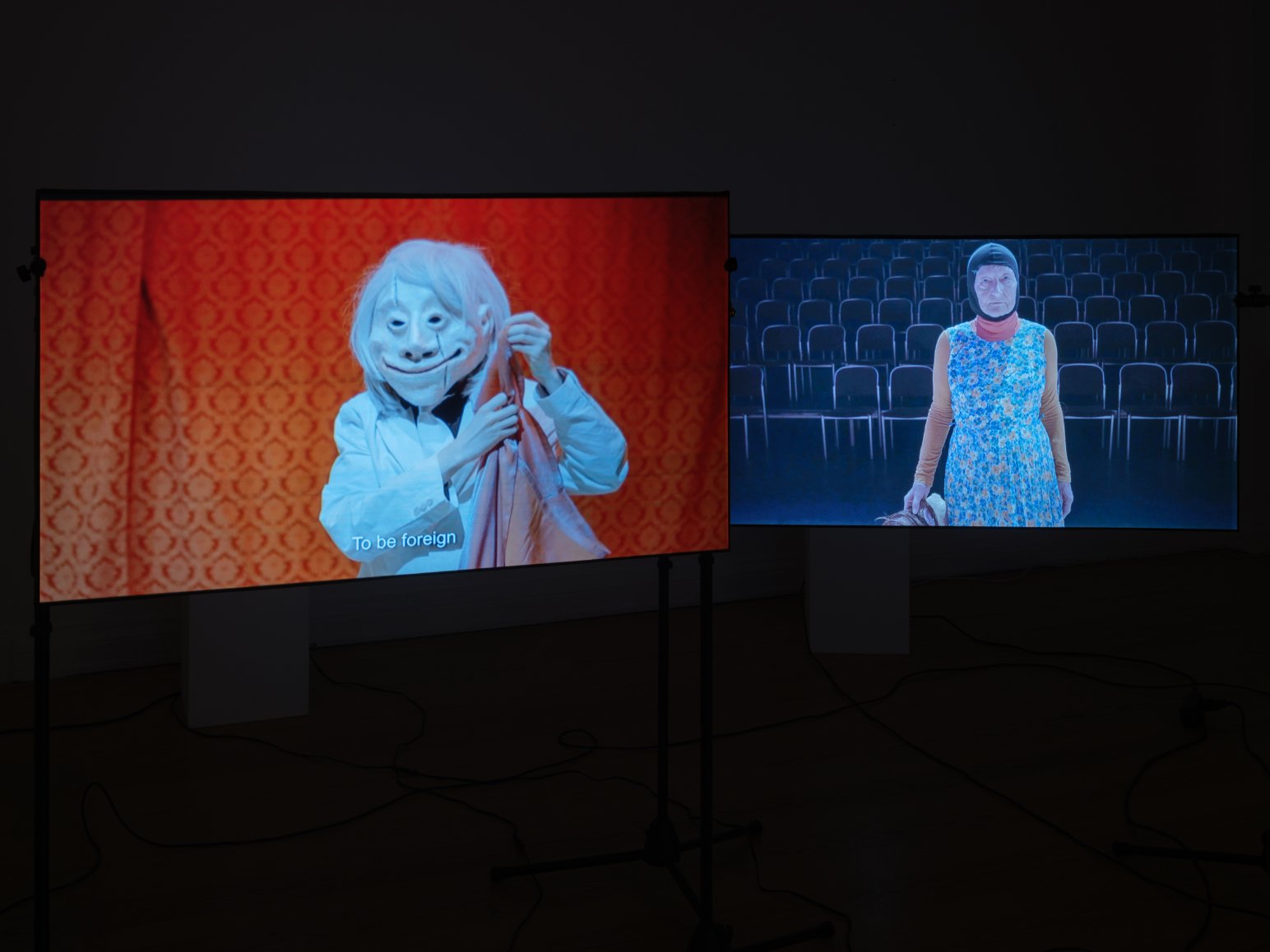  Dudu Quintanilha Installation view,  Prophetic Complaints  (2023) 2-channel video installation, 4K, color, sound, languages Spanish and English 11 min. 44 sec.  Produced in collaboration with Julian Kiesche, Erik D. Clark, Theo Perrot and Blaumeier 
