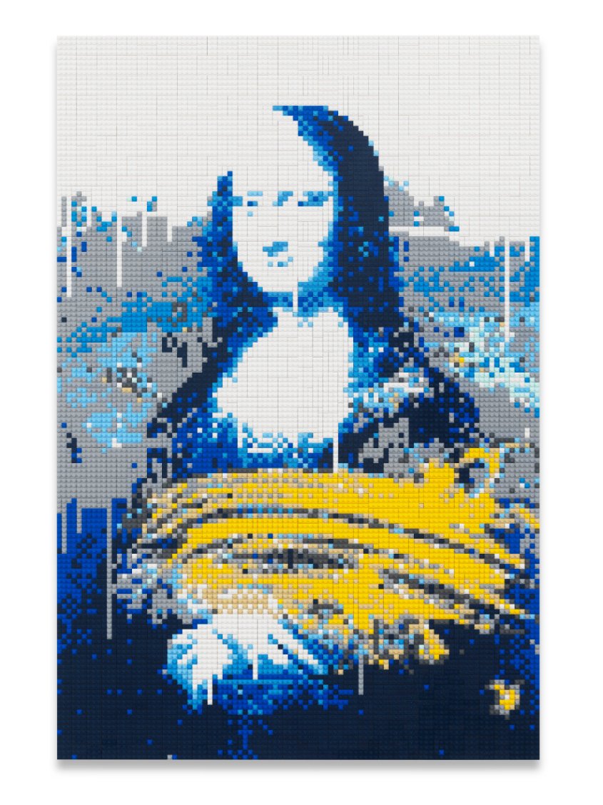  Ai Weiwei  Mona Lisa Smeared in Cream in White  (2023) Lego bricks  114.9 x 76.6 cm   © Ai Weiwei. Courtesy the artist and neugerriemschneider, Berlin. Photo: Jens Ziehe, Berlin 