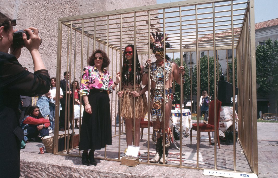   Coco Fusco and Guillermo Gómez-Peña  Two Undiscovered Amerindians Visit the West  (1992) Photo: Nancy Lytle  