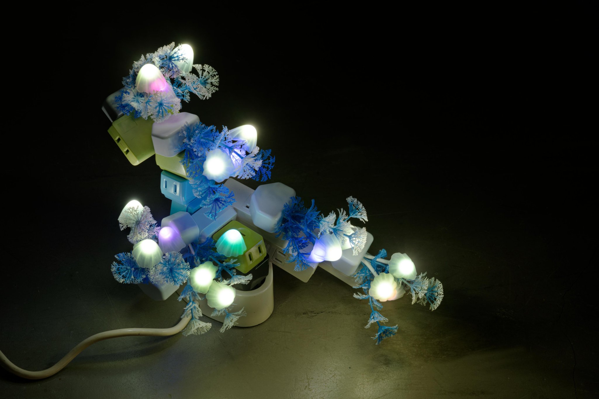  Trevor Yeung  Night Mushroom in Shade (Table),  2022   Night lamp, plug adaptors Courtesy of the artist and Blindspot Gallery 