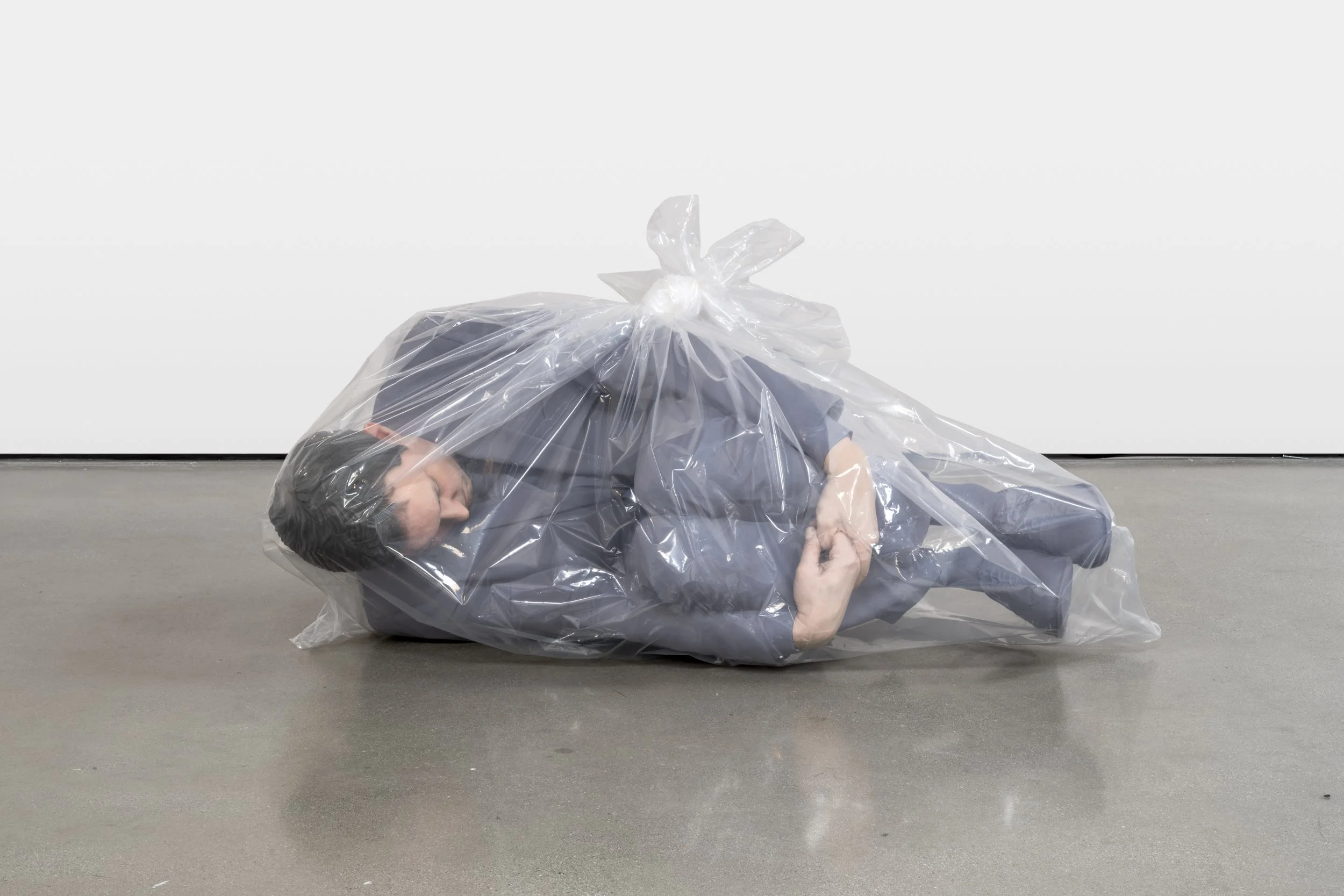   Josh Kline    Aspirational Foreclosure (Matthew / Mortgage Loan Officer) , 2016  3D-printed plaster, ink-jet ink, and cyanoacrylate, foam and polyethylene bag 21 x 28 x 44 inches  (53.34 x 71.12 x 111.76 cm)  Edition 3 of 3, 2 AP  Photo by Charles 