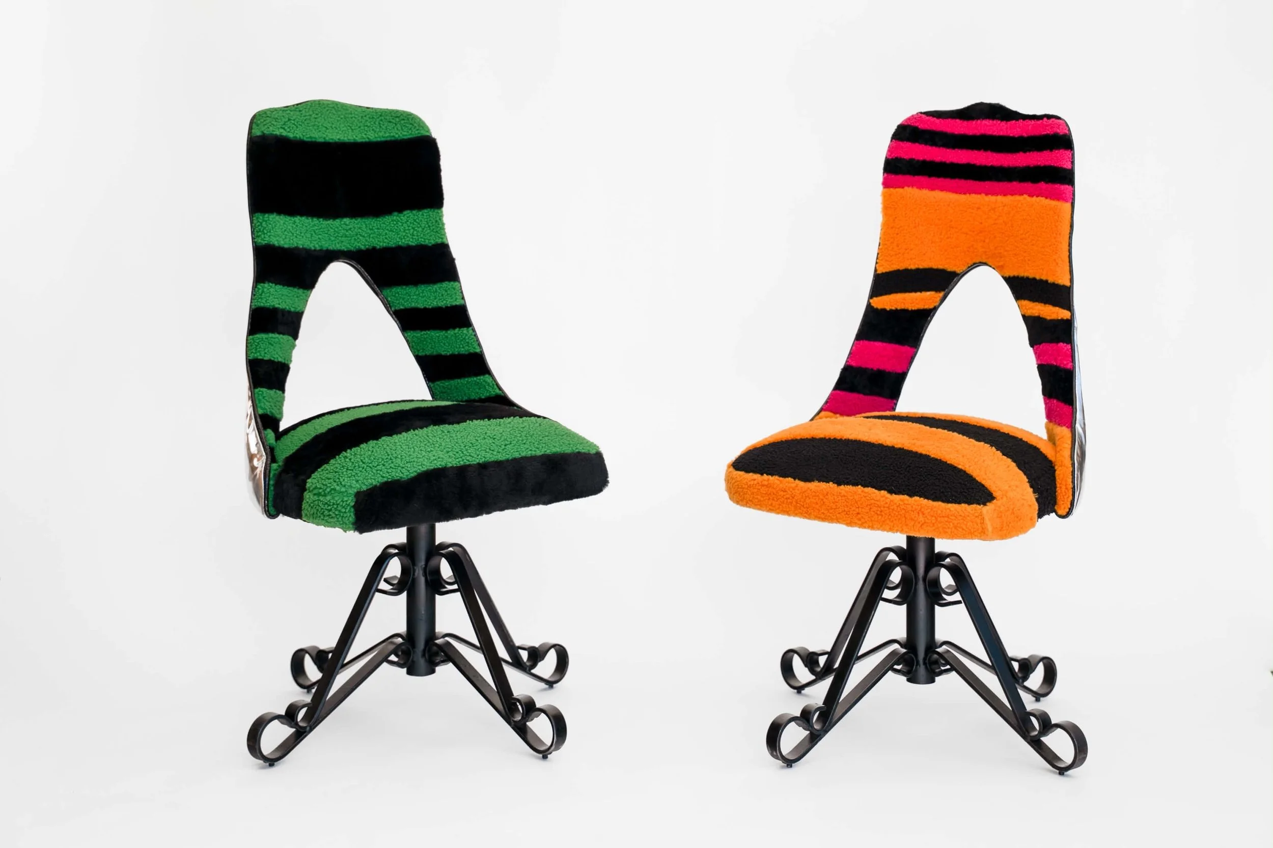  left: DeSe Escobar  Minimal Baroque and Ashley , 2026 Custom leather shearling stripe from UK, tanned in Milan, black crackle calfskin piping, metallic lambskin from Milan, 1970s wrought iron chair 38 x 19 x 19 inches,  right: DeSe Escobar  Minimal 