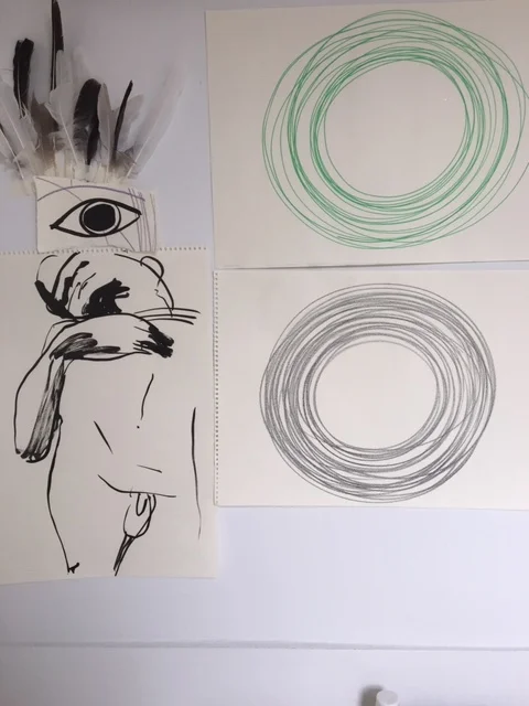 Circles 2016 paper, feathers, ink on paper, crayon
