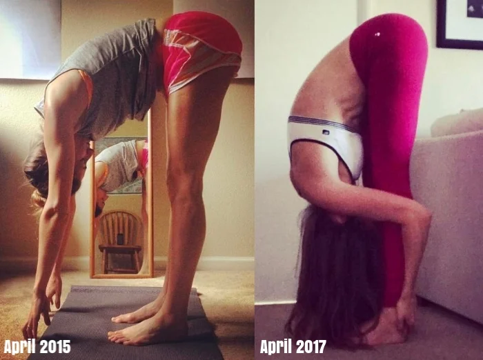 Two images side by side, taken two years apart demonstrating improved flexibility of health and wellness coach Georgie Muir