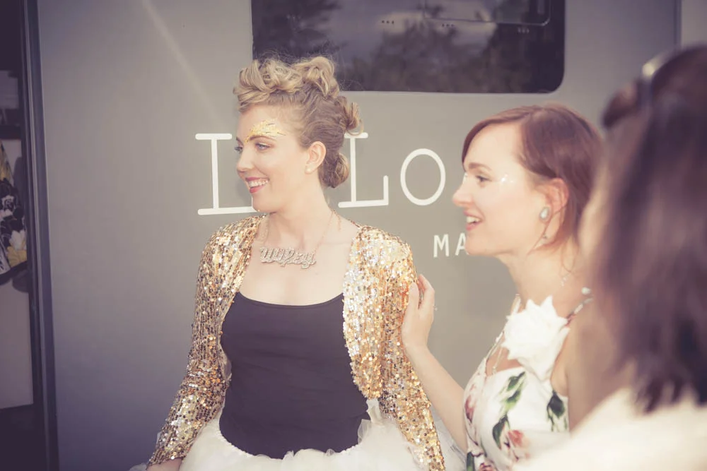 Bride Jo in her outfit change from Vintage Glam to Glitter Chic!