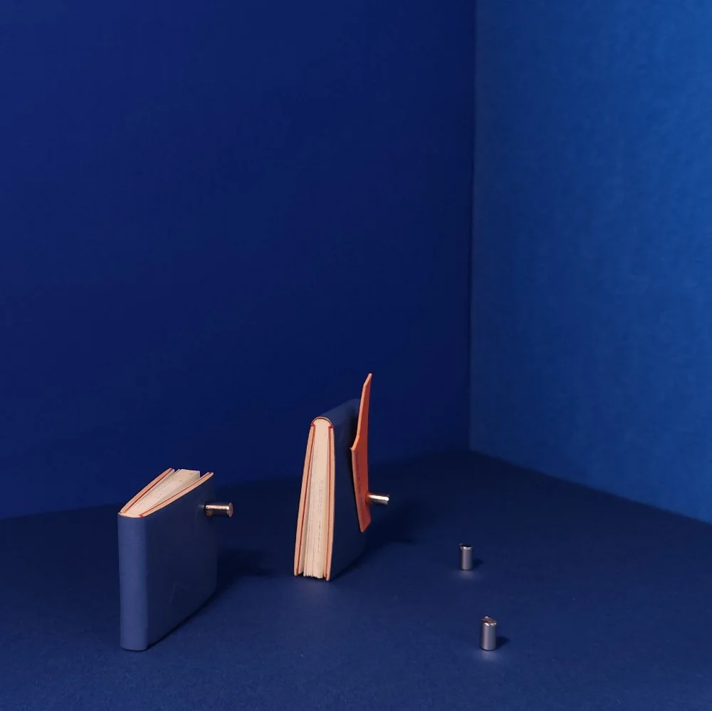 Composition sur fond bleu où l'on voit le livre coupé en deux, un partie posée su sa tranche, l'autre sur sa gouttière, faisant ressortir la coupe nette du livre au massicot