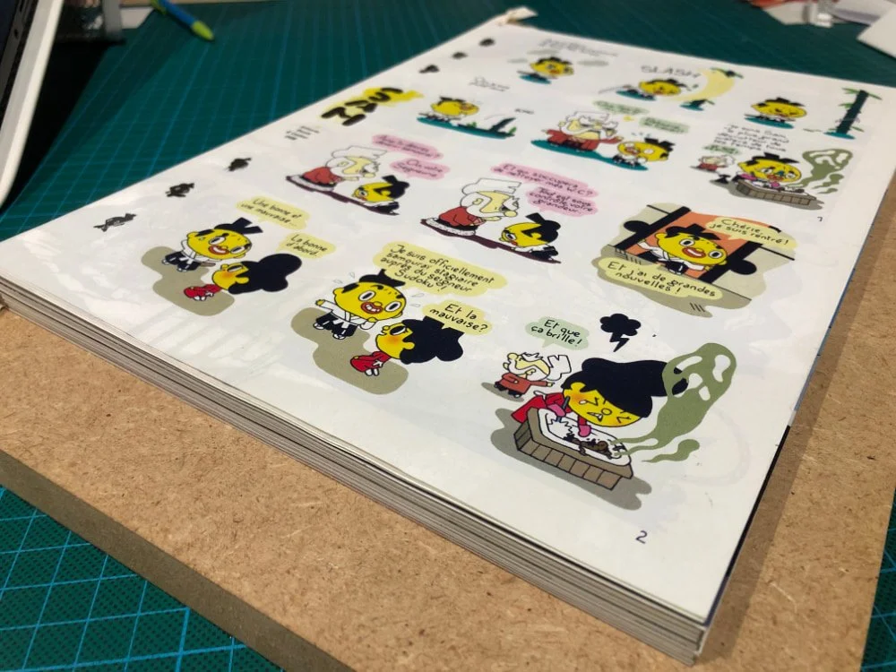 Bloc livre en cours de montage posé sur un ais