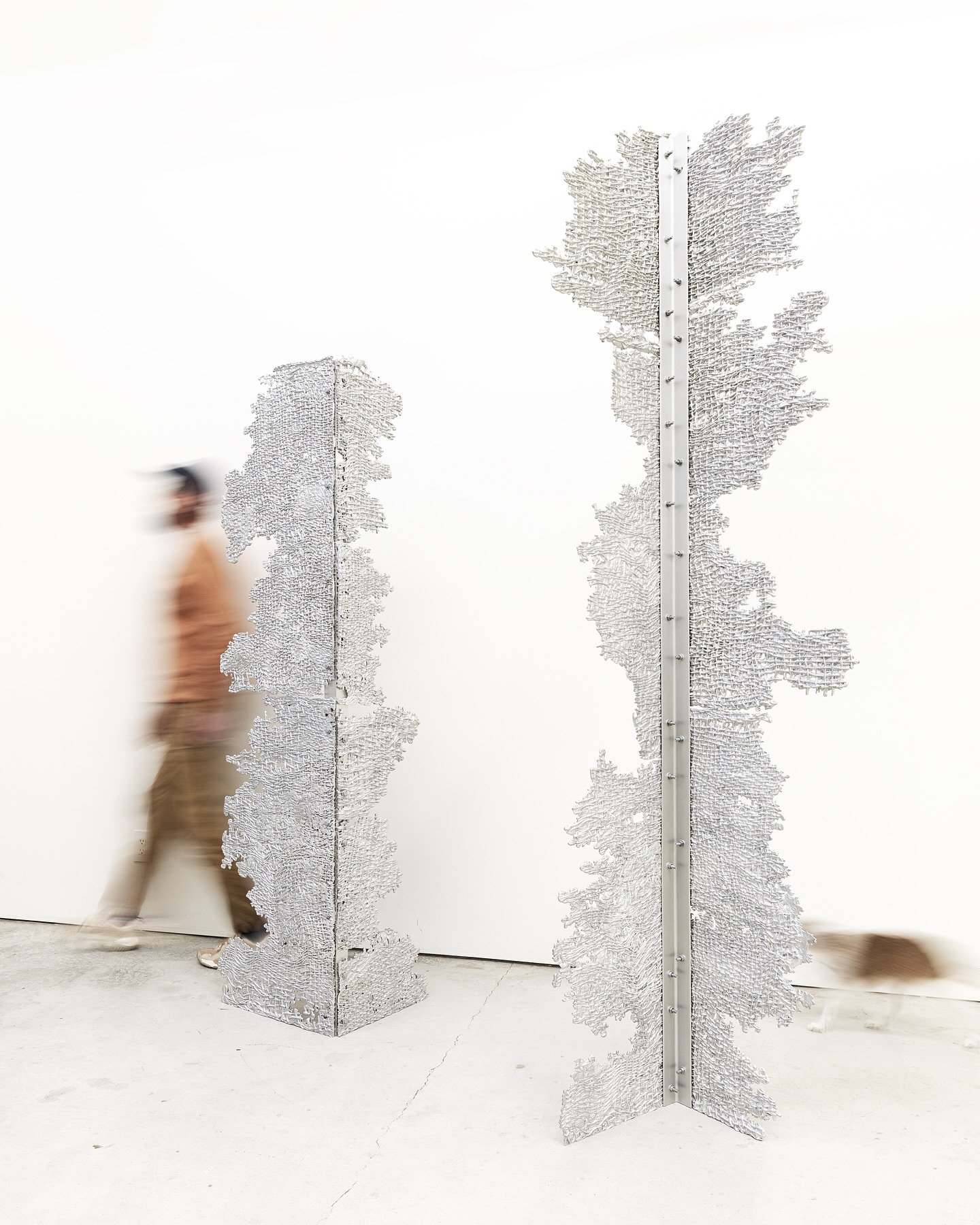 The cast works prioritizes material experimentation over concept, beginning with an original woven form pressed into sand and abruptly extracted to create a mold. As molten metal fills the cavity, unpredictable voids emerge&mdash;revealing a tension 