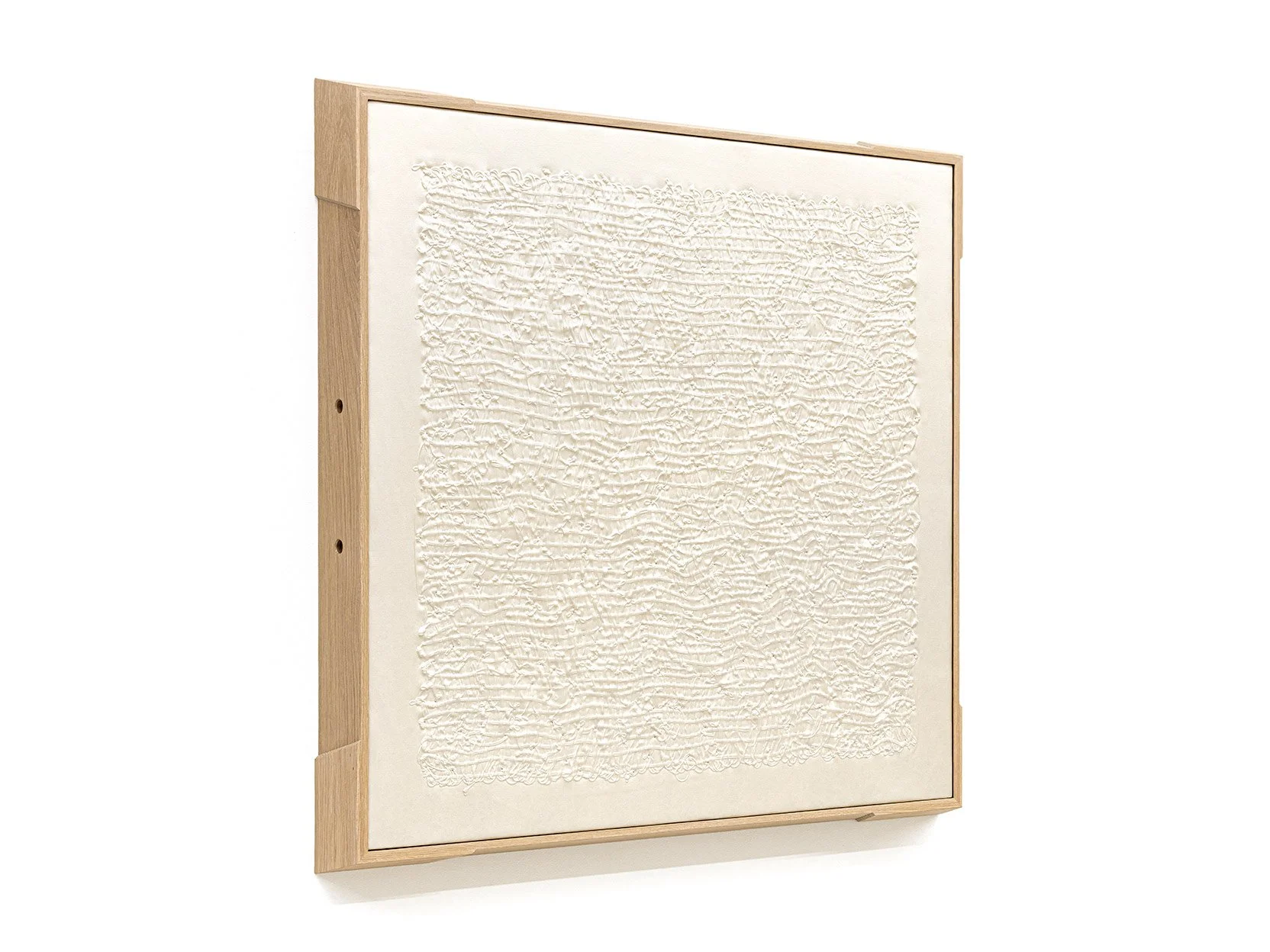  STAY, SILK Embossed silk, archival tyvek, foam, stainless steel hardware and white oak 46.375 x 43.375 x 4.5 in 2026  view more images  