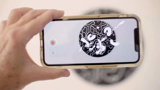  Passing Through, 2021, 36 inch round wood panel, acrylic paint, digital animation, HD Video,  Augmented Reality Software   Passing Through is a traditional painting that comes alive with animation and augmented reality. Abstract biomorphic shapes be