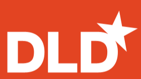 DLD logo with white letters and a star on a red background