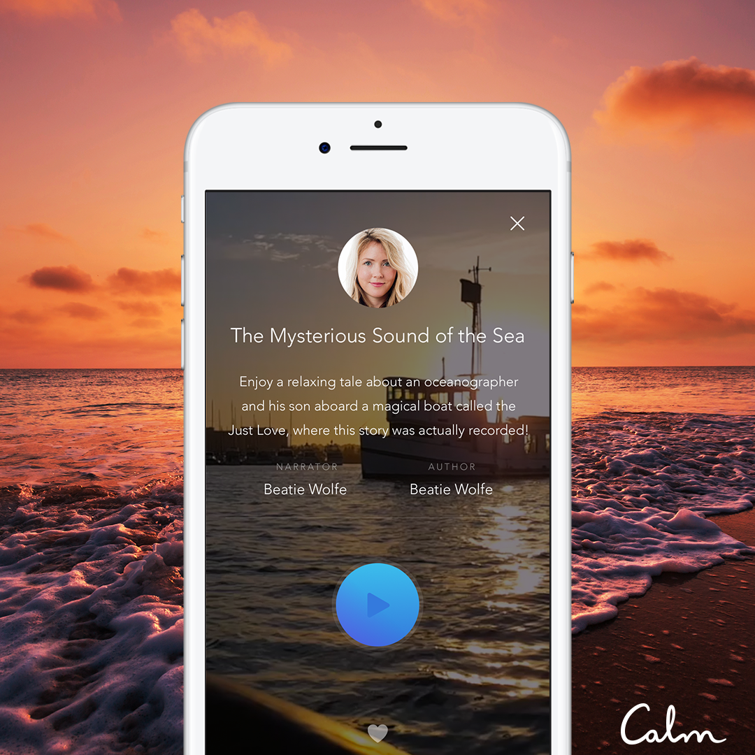 A smartphone displaying a calm audiobook app with a story titled 'The Mysterious Sound of the Sea,' written and narrated by Beatie Wolfe