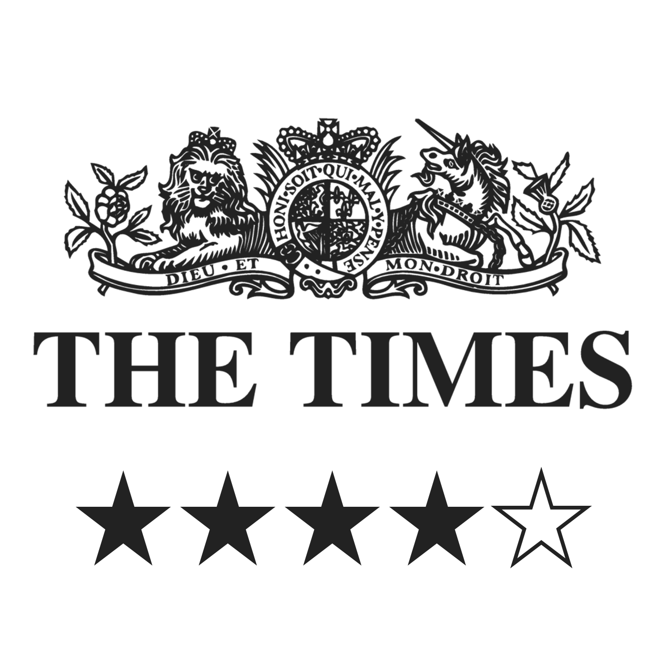 Logo of The Times newspaper featuring a coat of arms with a lion and a unicorn, a crown, and the text 'The Times' with five stars underneath.