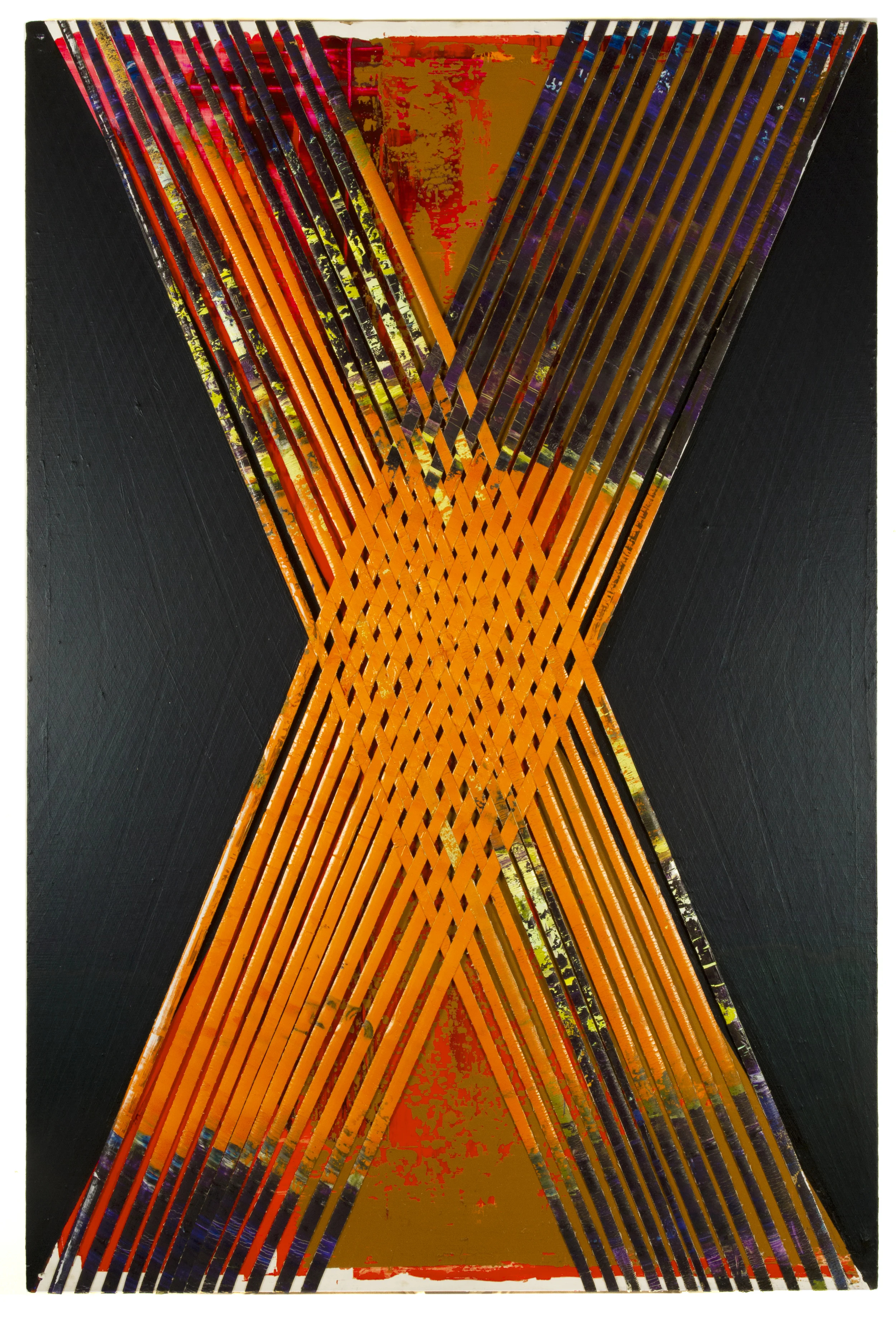 orange ex, 2015, oil oncanvas strips and acrylic on plywood, 32 x 48