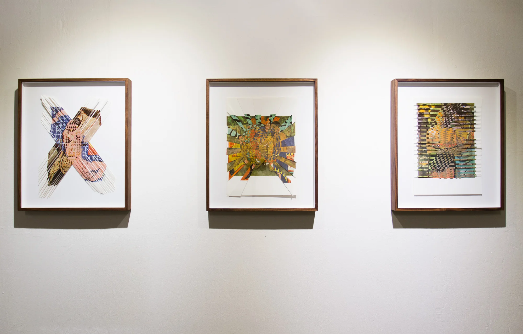 picassomatisse, left, matissegauguin, center, picassogauguin, right. 2016, paper weavings, 16 x 20 in ea.