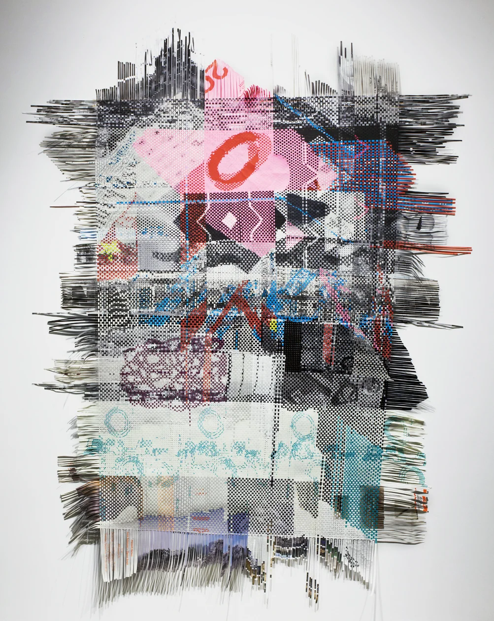 Cultural Fabric, 2014, woven paper ephemera from Bay Area art exhibitions, 110 x 82