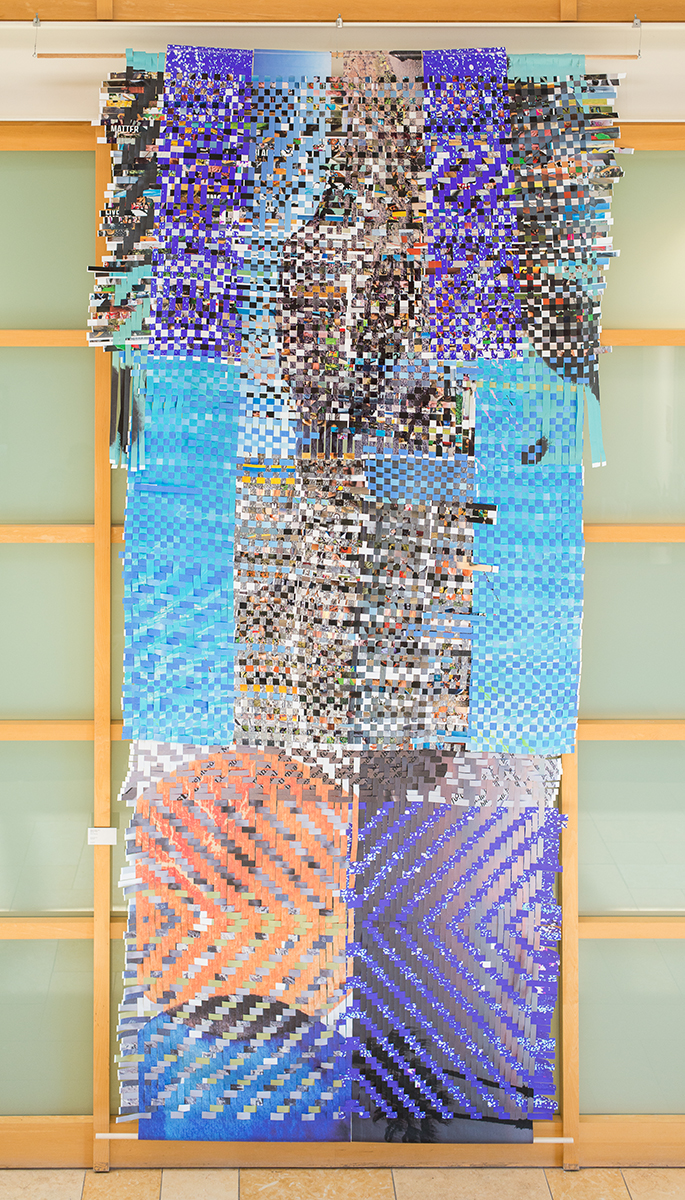 Memory Pixels, 2017, woven photographs printed on paper, 16ft x 6 ft. Commission for YouTube, Inc., administered by LimeShift. Photo by Tahir Karmali.