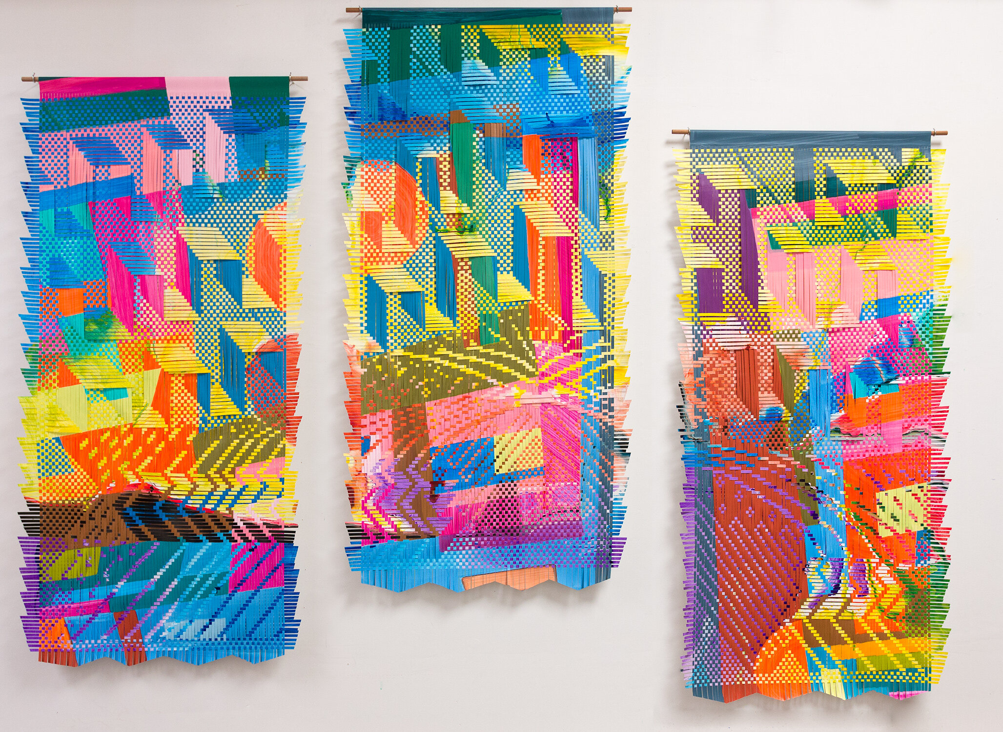 In These Unprecedented Times, 2020, woven acrylic on Yupo, triptych 8' x 4' each.