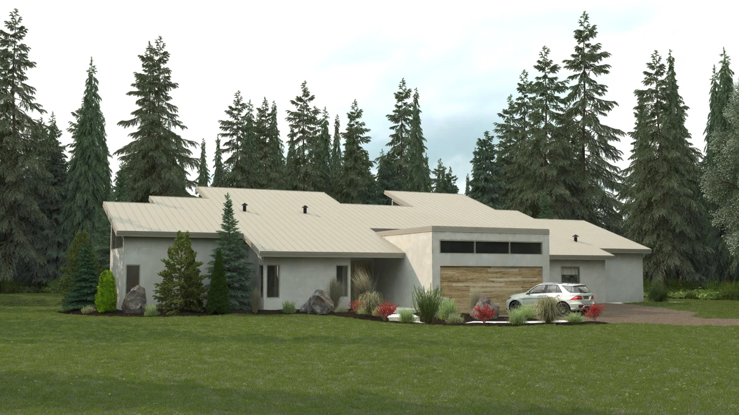  From the tree line on the main access road we can see the front of the home &amp; the main entrance.  - 3D Rendering - 