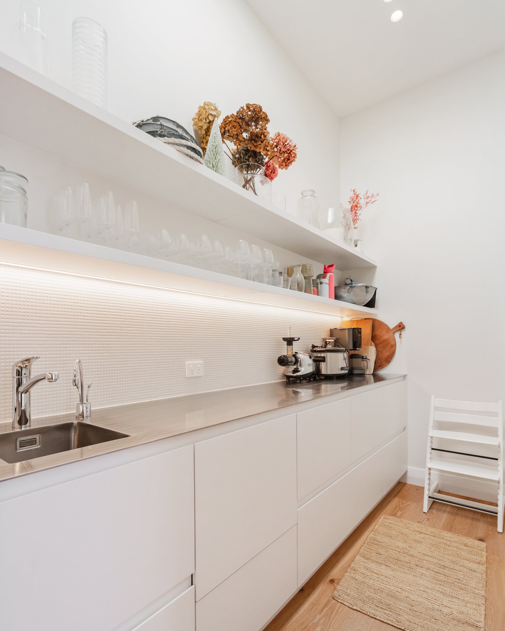 Kitchen Scullery with Open Shelving and Stainless Benchtop — Point Chevalier Bungalow Renovation | Macfie Architecture Auckland
