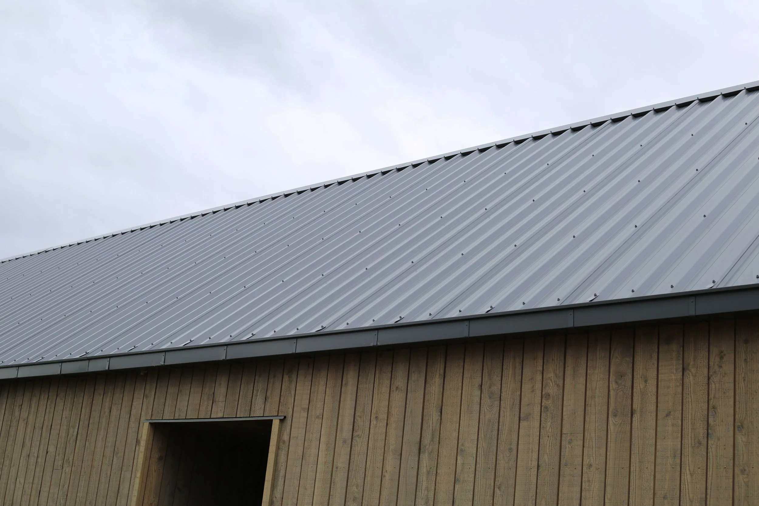 Roof and cladding detail on a Wanaka new-build, monopitch Colorsteel roofing meeting vertical stained cedar