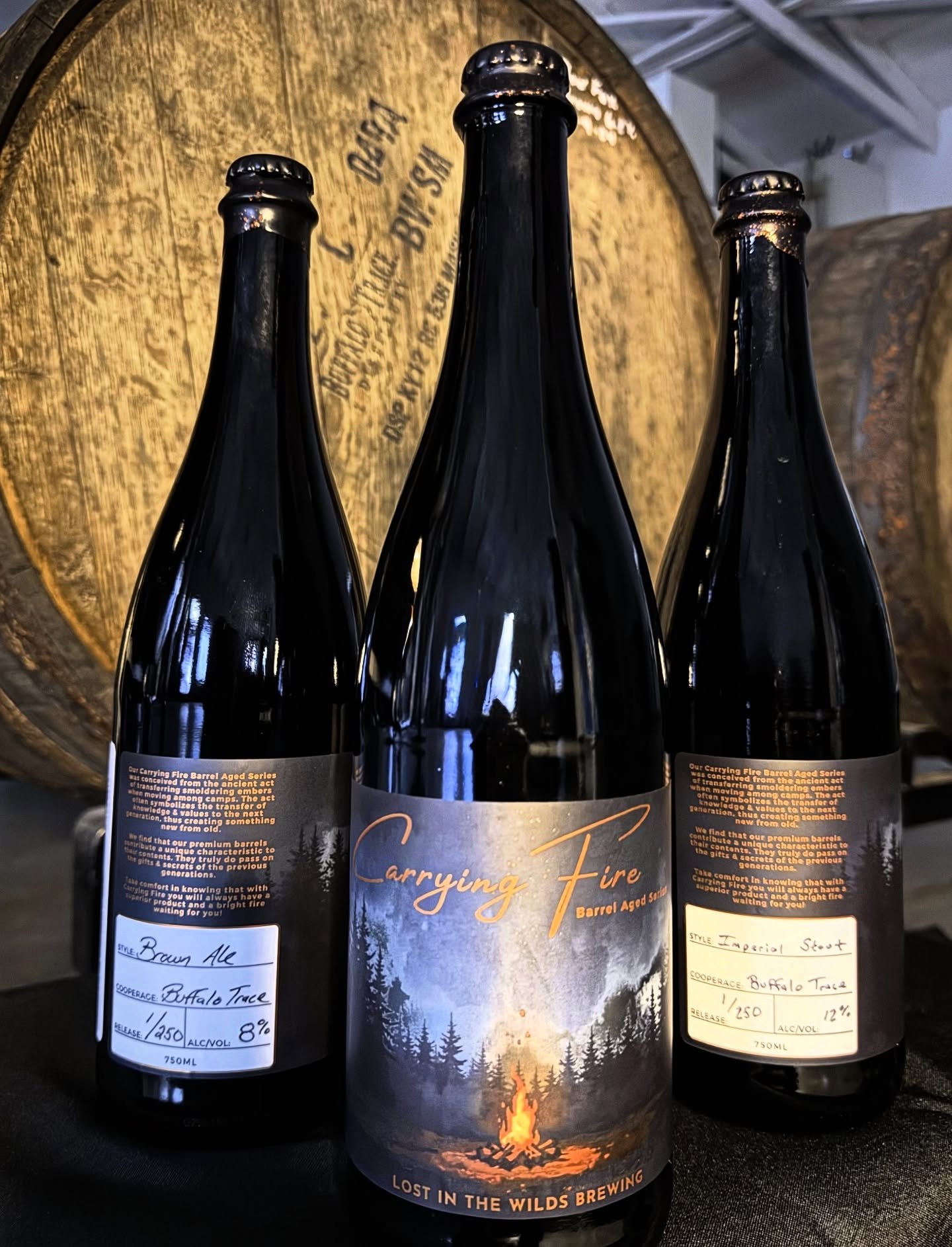 This year&rsquo;s bottles of Carrying Fire are ready! &thinsp;
These fresh dumped Buffalo Trace Bourbon barrels have been conditioning our beer for 11 months. One barrel of Imperial Stout and one barrel of Bear Fox Brown Ale, showcasing  flavors of d