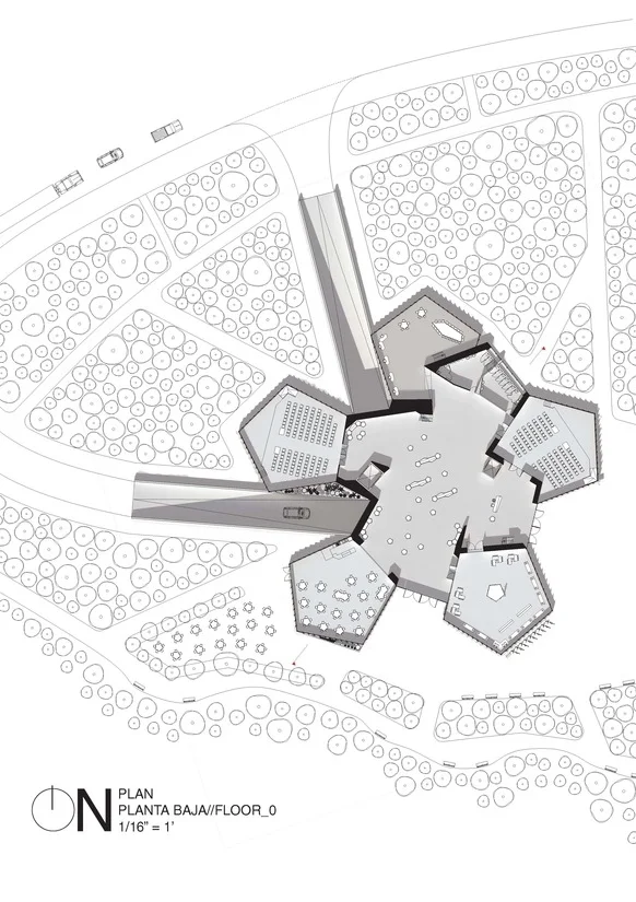  planta baja/ground floor plan showing the surrounding park and public program of the main entry space 