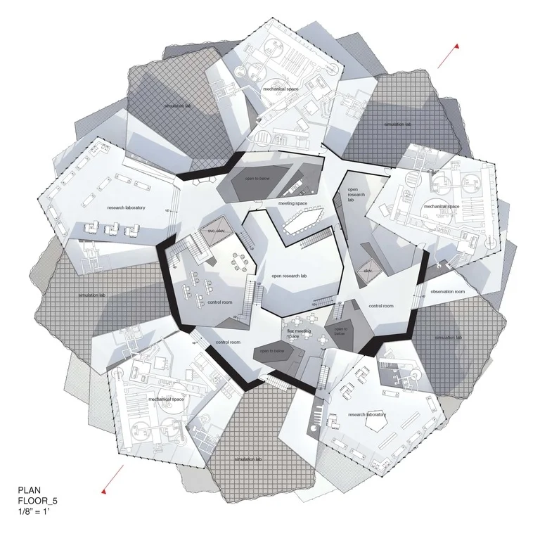  Fifth floor plan showing the alternation between simulation chambers and mechanical space/research labs. The pentagonal forms held hierarchy over the interior spaces, informing the program and poché.&nbsp; 
