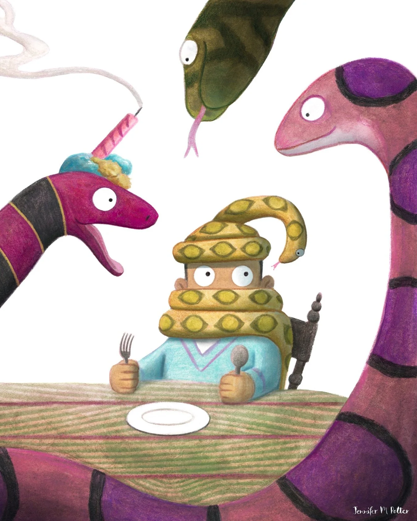 Oh my! I gave myself an illustration prompt to add to the kidlit section of my portfolio and...um...it's not going so well for our little friend here 🙊🐍🐍🐍

I'm doing that thing where you share a children's book spread over two posts so both show 