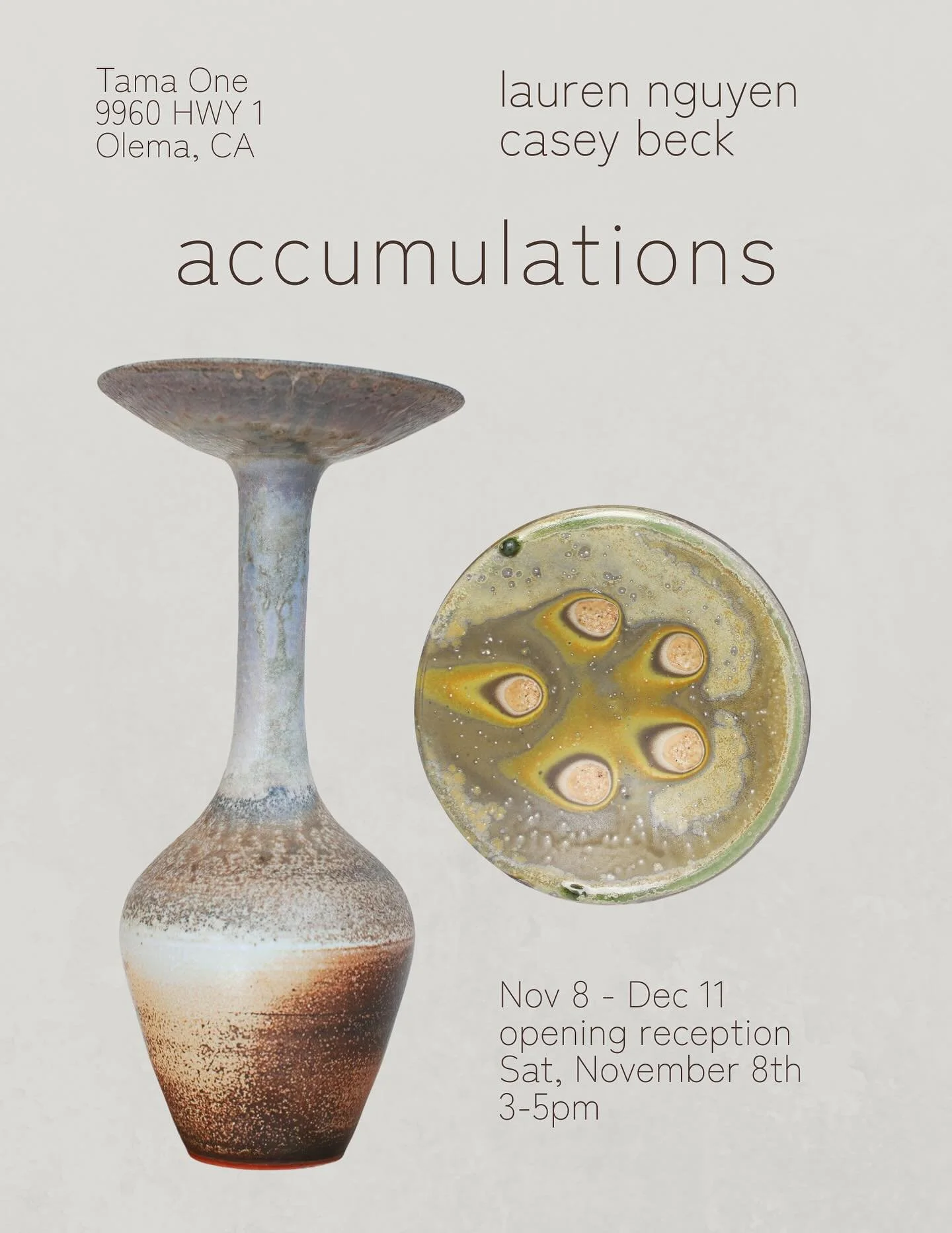 We are excited to announce resident artist Casey Beck (@beckpots) &amp; CMAEP member Lauren Nguyen (@laurenqn.ceramics)&rsquo;s upcoming exhibition: &lsquo;accumulations&rsquo; at @t_a_m_a_o_n_e &mdash; on view from November 8&ndash;December 11. 

We