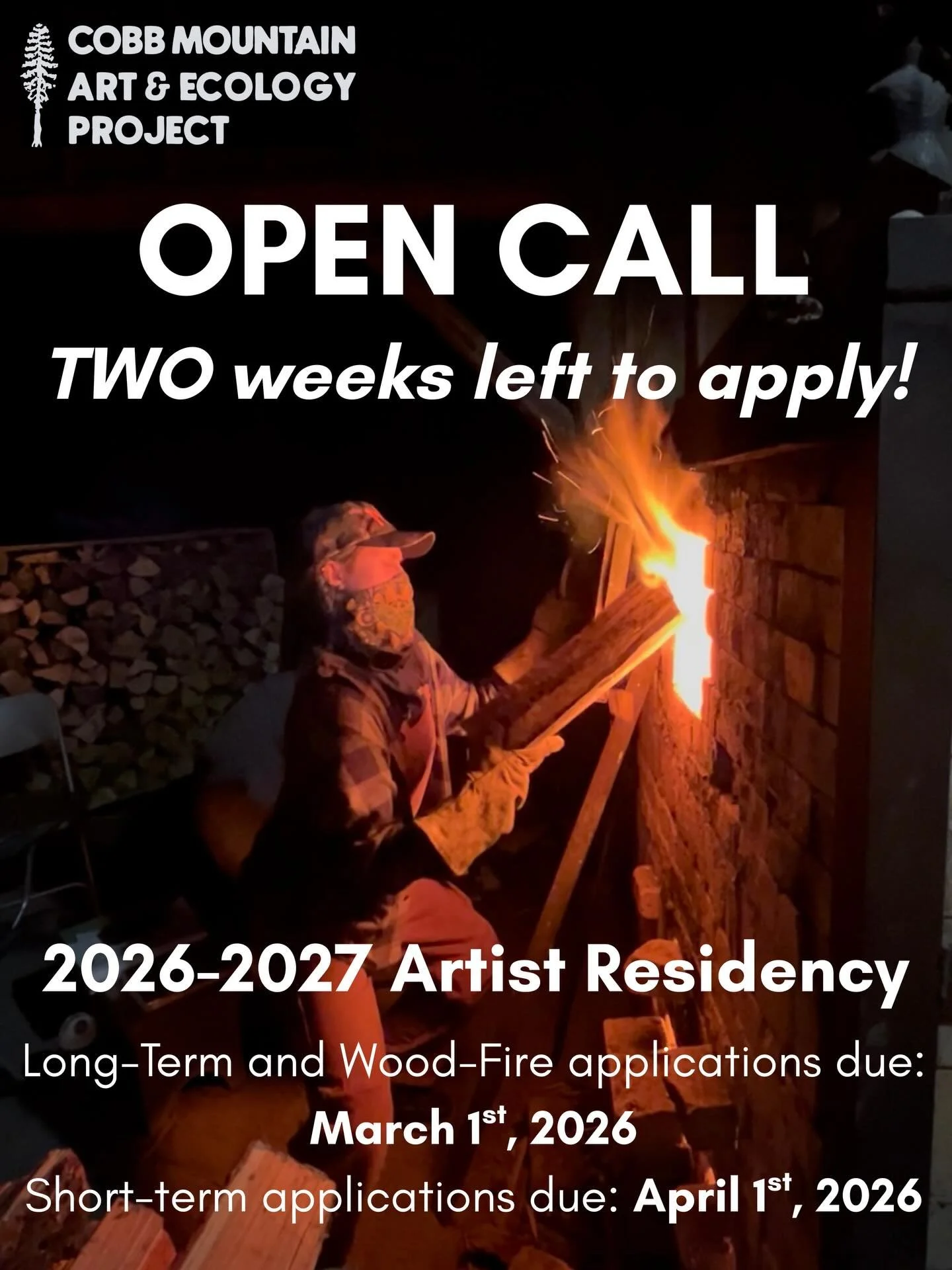 Applications are OPEN for residencies at Cobb Mountain Art &amp; Ecology Project!

TWO WEEKS left to apply! Applications guidelines can be found on our website. 

🌲 🪵 🔥 🏺 🔥🪵🌲

Each year, CMAEP hosts up to 9 long-term residents and 1-3 short te