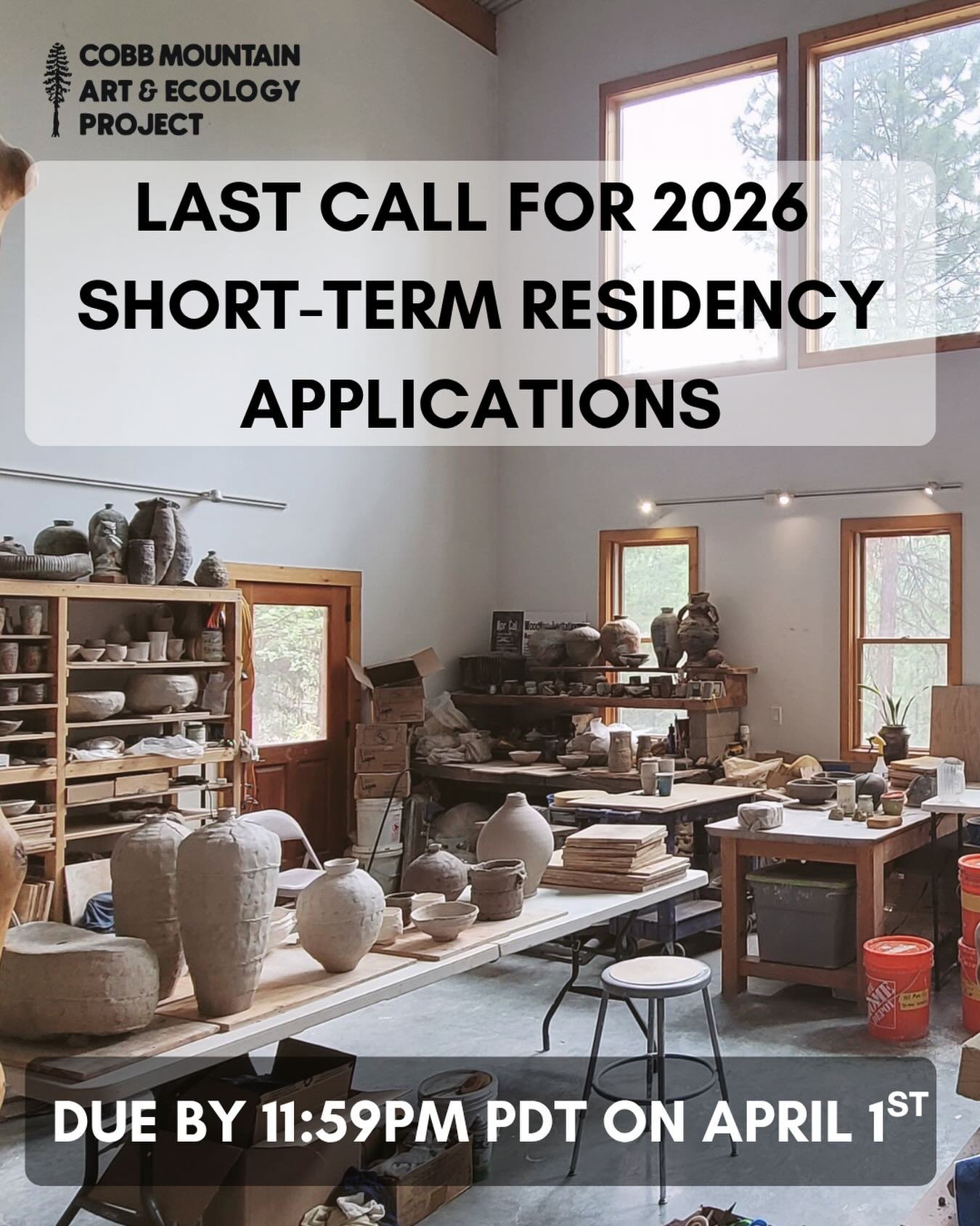 One week left to apply for our short-term residency program! Applications are due by 11:59pm PDT on April 1st.

Our short-term residents typically stay 1-2 months during July and August. Interested applicants should have a developed body of work and 