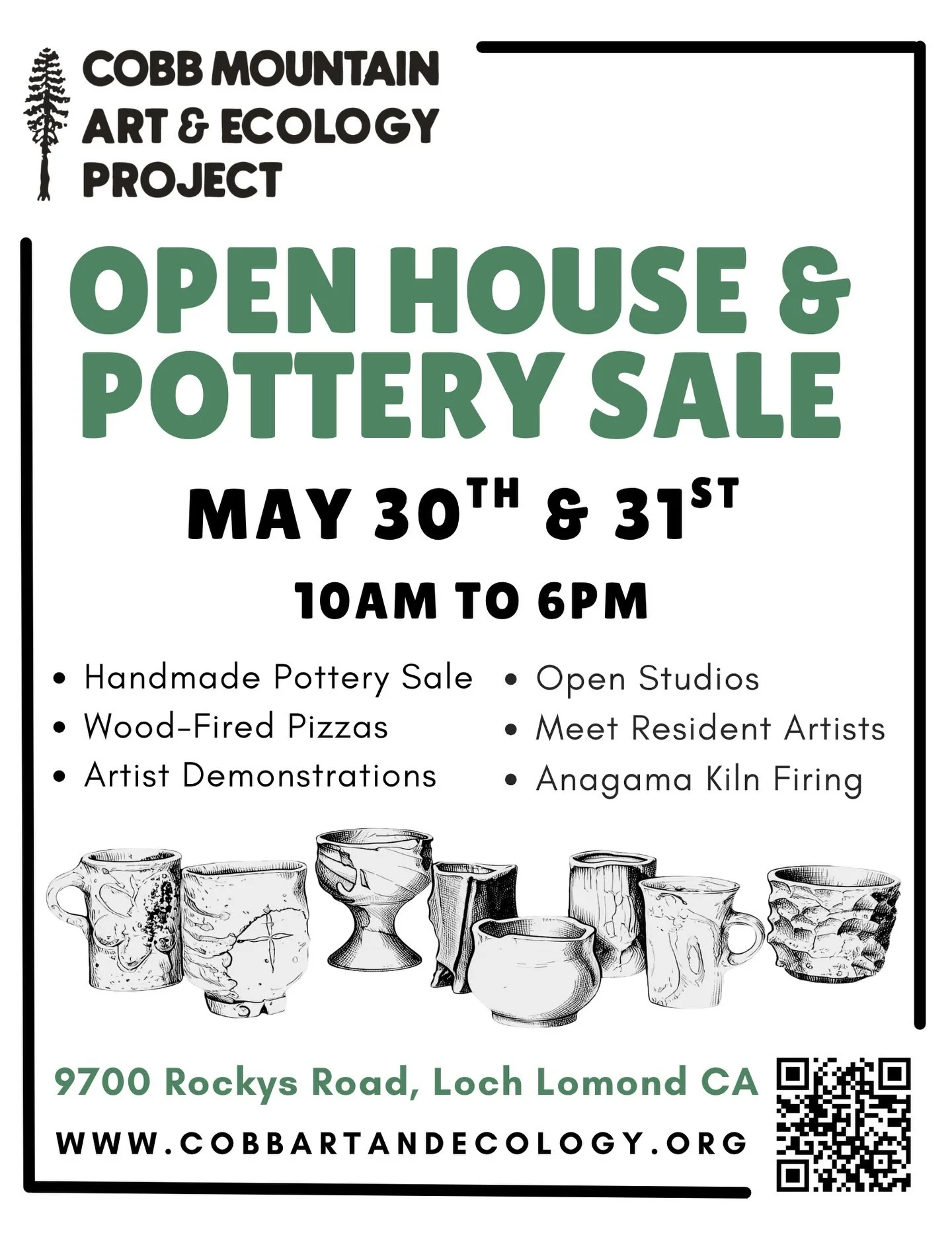 Mark your calendars for our Spring Open House! 🌲🏺🔥
More details coming soon&hellip; 👀

May 30th &amp; 31st, 10am-6pm
9700 Rocky&rsquo;s Rd, Loch Lomond, CA

⠀⠀ 
Scan the QR code or visit our website https://www.cobbartandecology.org/ for more inf