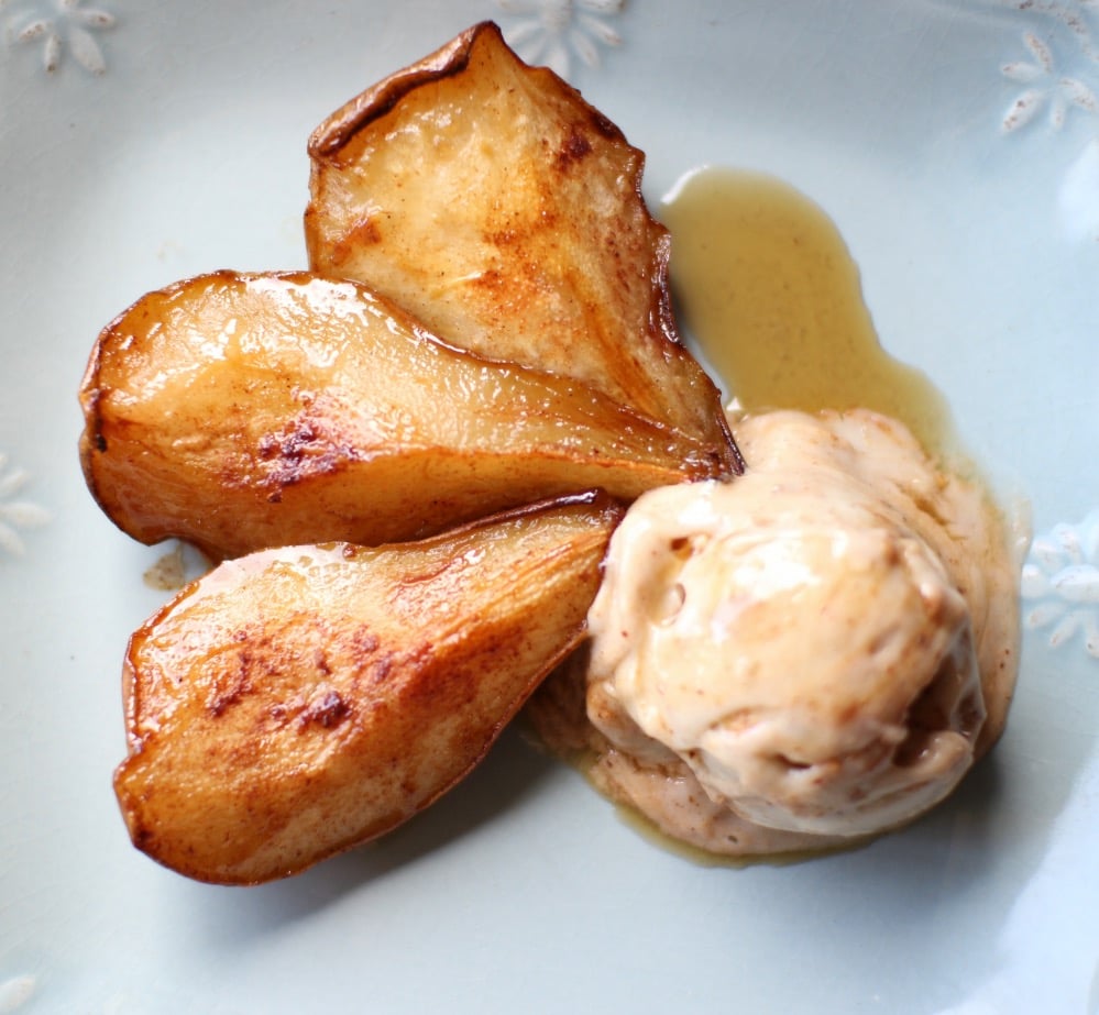 Baked Pears with Banana & Almond Butter Ice cream 